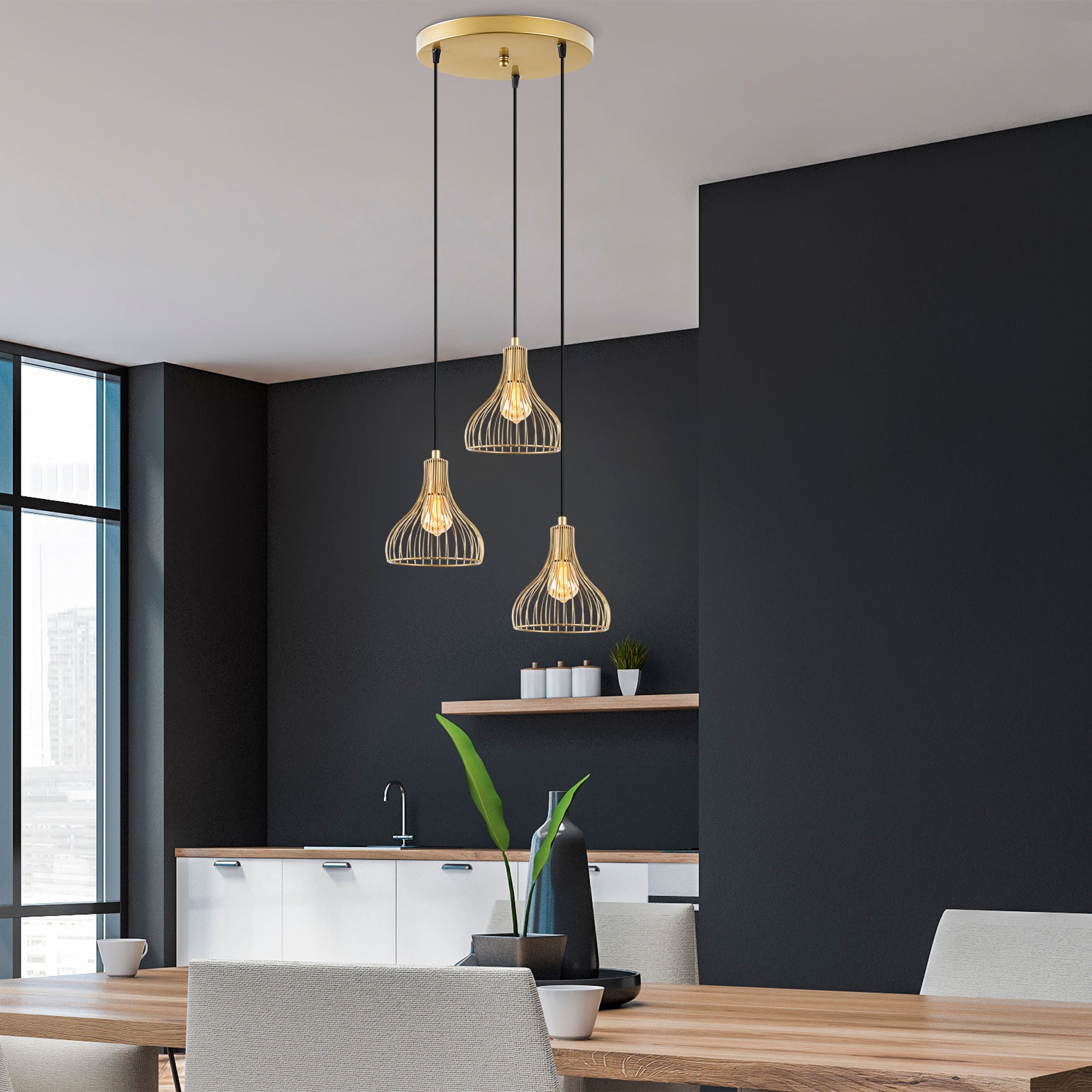 Candeeiro de Teto Dourado Elegante, Corpo em Metal, 44 x 44 x 117 cm | Altura Ajustável, 3 Soquetes E27, Design Moderno e Glamouroso | Perfeito para Salas de Estar e Salas de Jantar