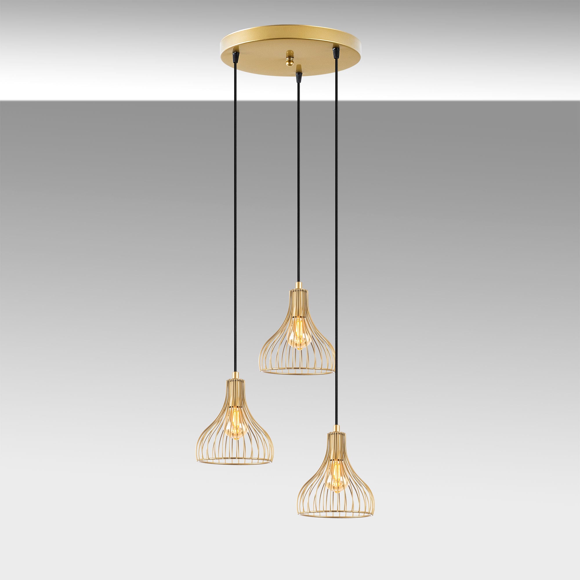Candeeiro de Teto Dourado Elegante, Corpo em Metal, 44 x 44 x 117 cm | Altura Ajustável, 3 Soquetes E27, Design Moderno e Glamouroso | Perfeito para Salas de Estar e Salas de Jantar