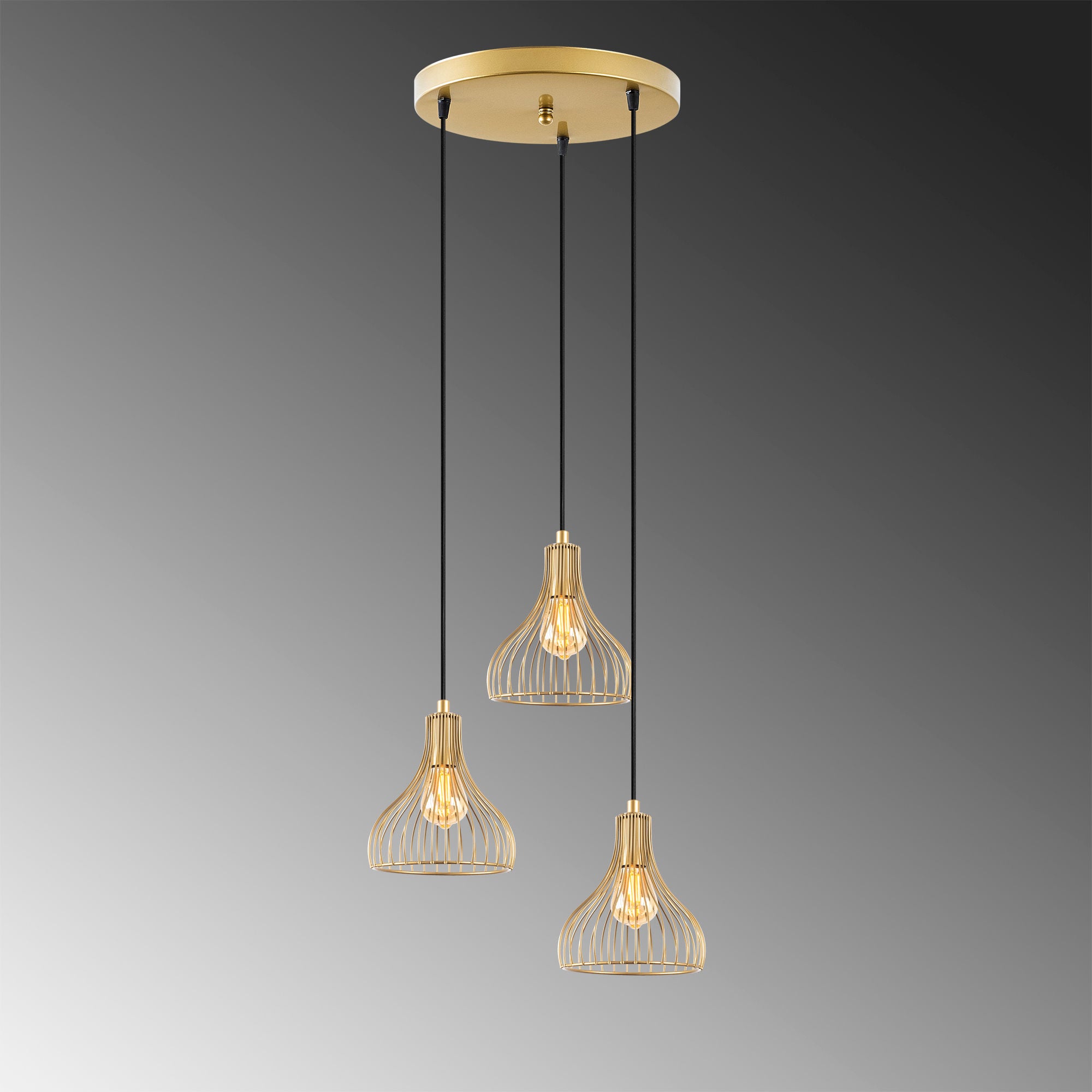 Candeeiro de Teto Dourado Elegante, Corpo em Metal, 44 x 44 x 117 cm | Altura Ajustável, 3 Soquetes E27, Design Moderno e Glamouroso | Perfeito para Salas de Estar e Salas de Jantar