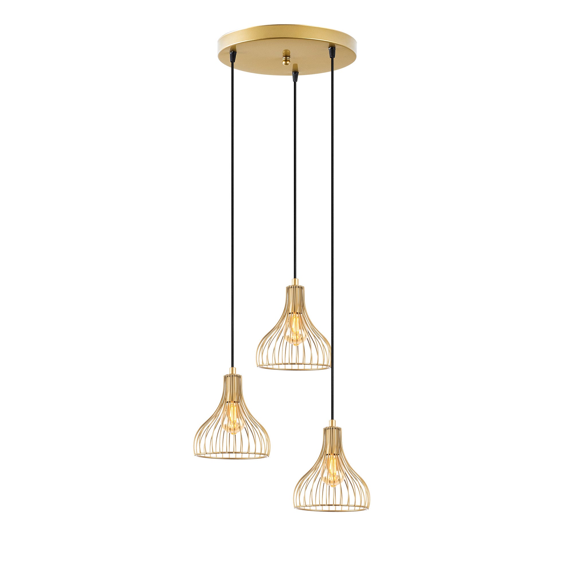 Candeeiro de Teto Dourado Elegante, Corpo em Metal, 44 x 44 x 117 cm | Altura Ajustável, 3 Soquetes E27, Design Moderno e Glamouroso | Perfeito para Salas de Estar e Salas de Jantar