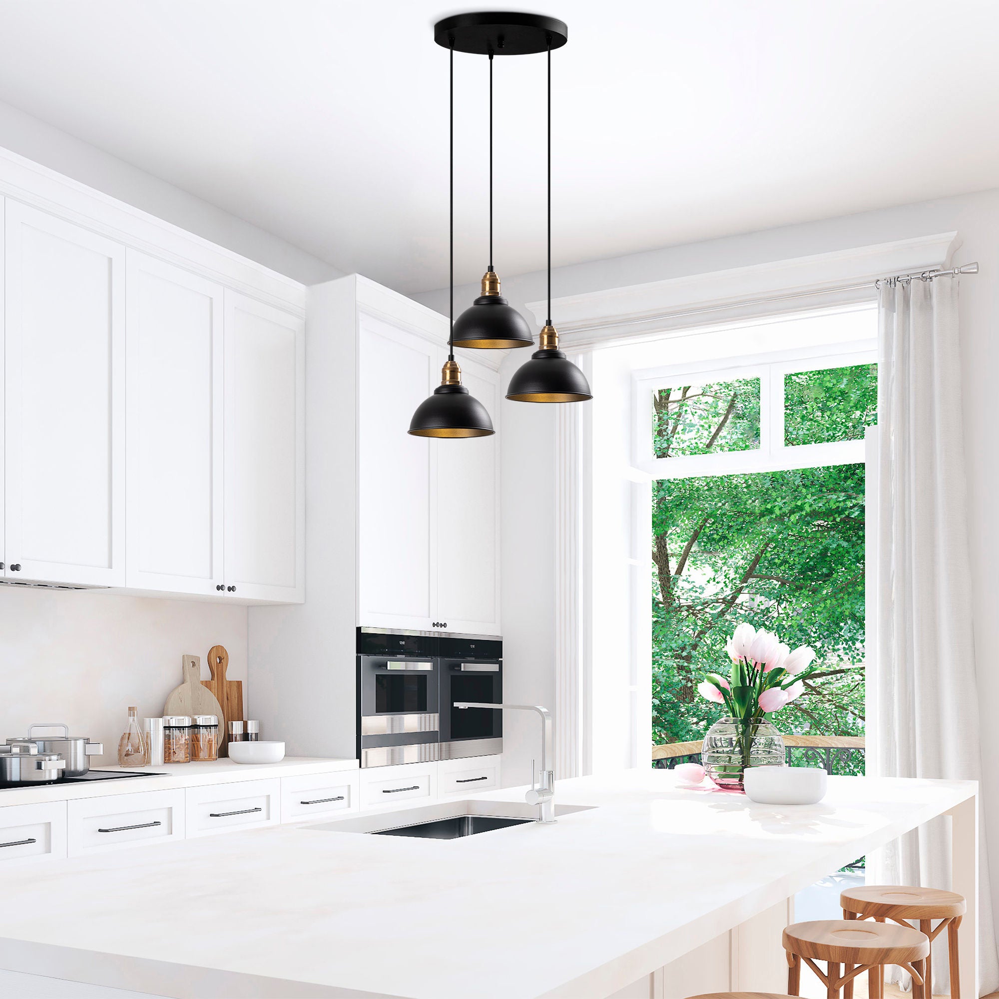 Candeeiro de Teto Industrial, Acabamento Preto e Antigo, 44 x 44 x 117 cm | Corpo em Metal, Altura Ajustável, 3 Soquetes E27 | Design Escandinavo Moderno para Casa e Escritório