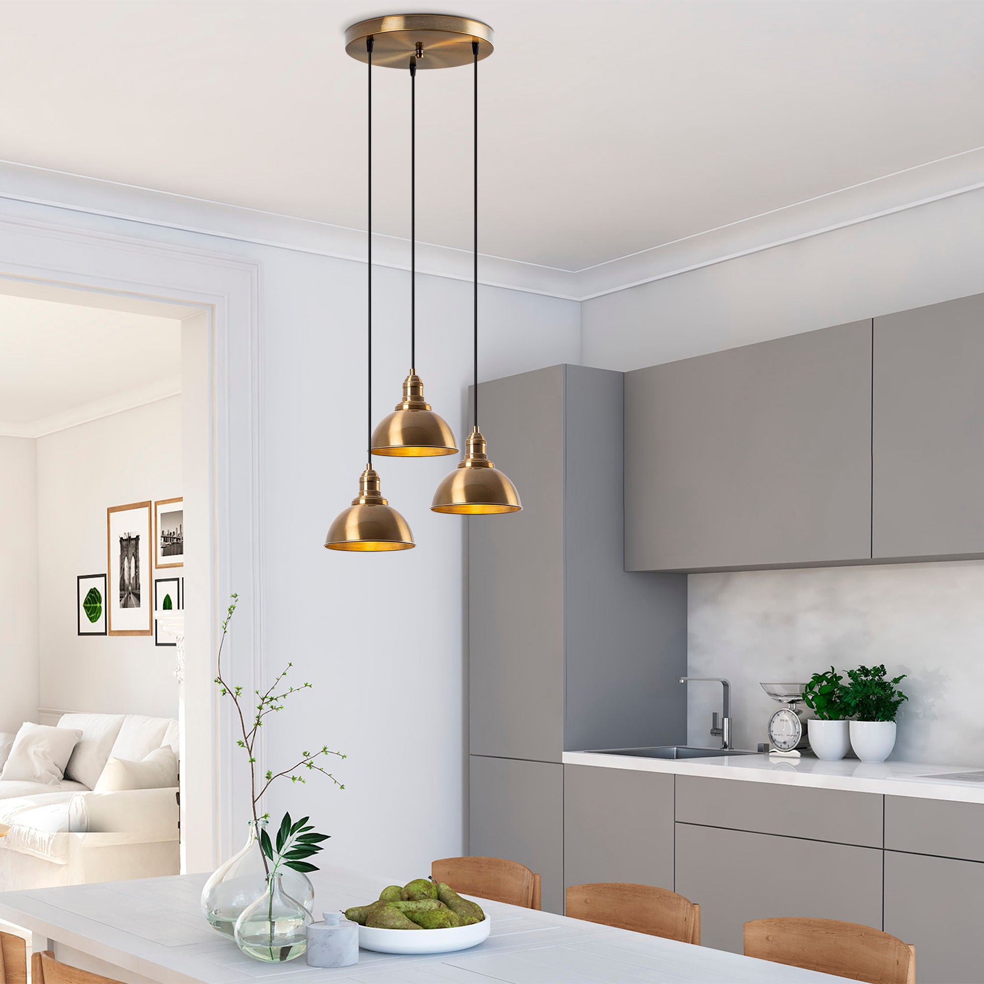 Candeeiro de Teto Vintage Elegante, Acabamento em Cobre, 44 x 44 x 117 cm | Corpo em Metal, Altura Ajustável, 3 Soquetes E27 | Perfeito para Decoração Moderna e Escandinava