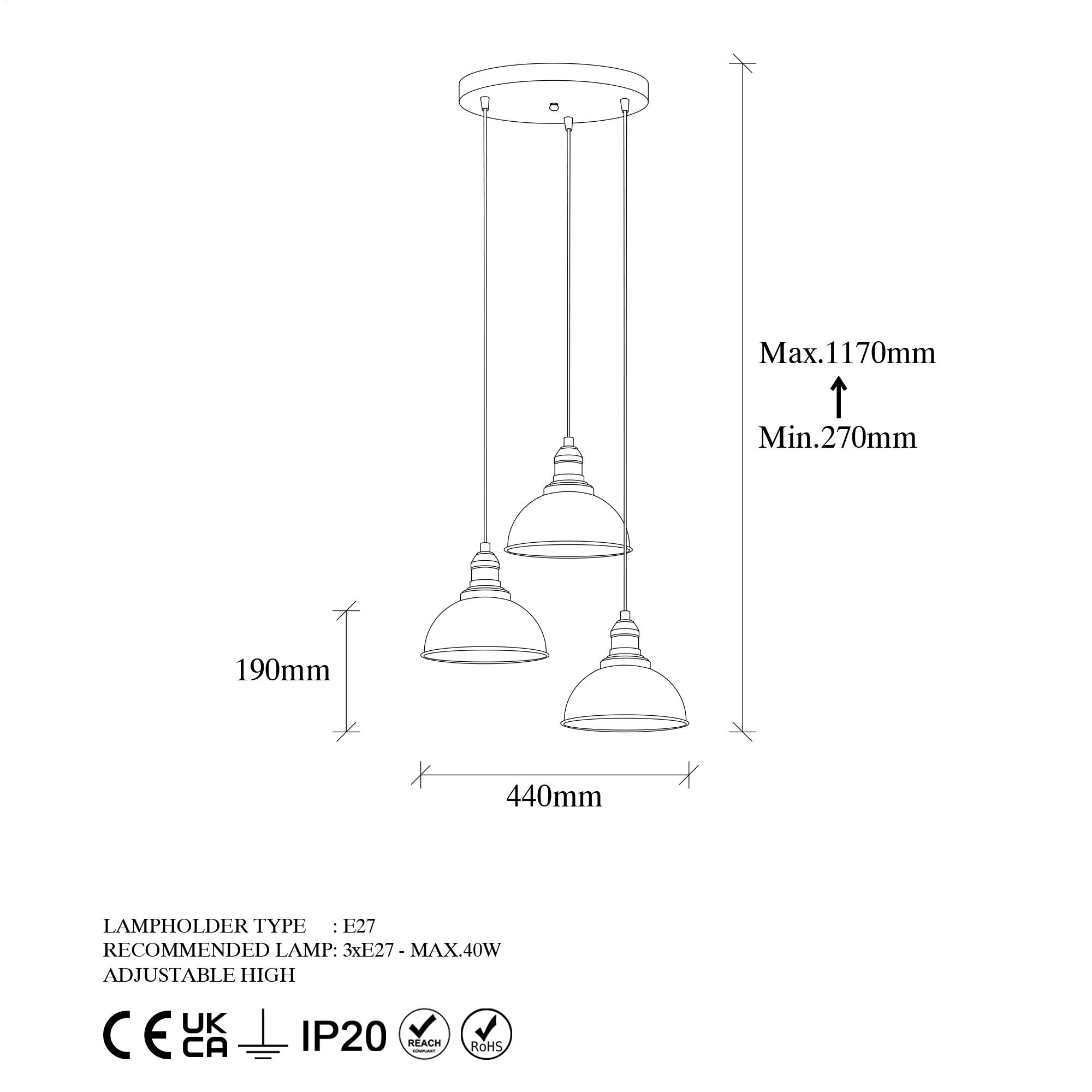 Candeeiro de Teto Vintage Elegante, Acabamento em Cobre, 44 x 44 x 117 cm | Corpo em Metal, Altura Ajustável, 3 Soquetes E27 | Perfeito para Decoração Moderna e Escandinava