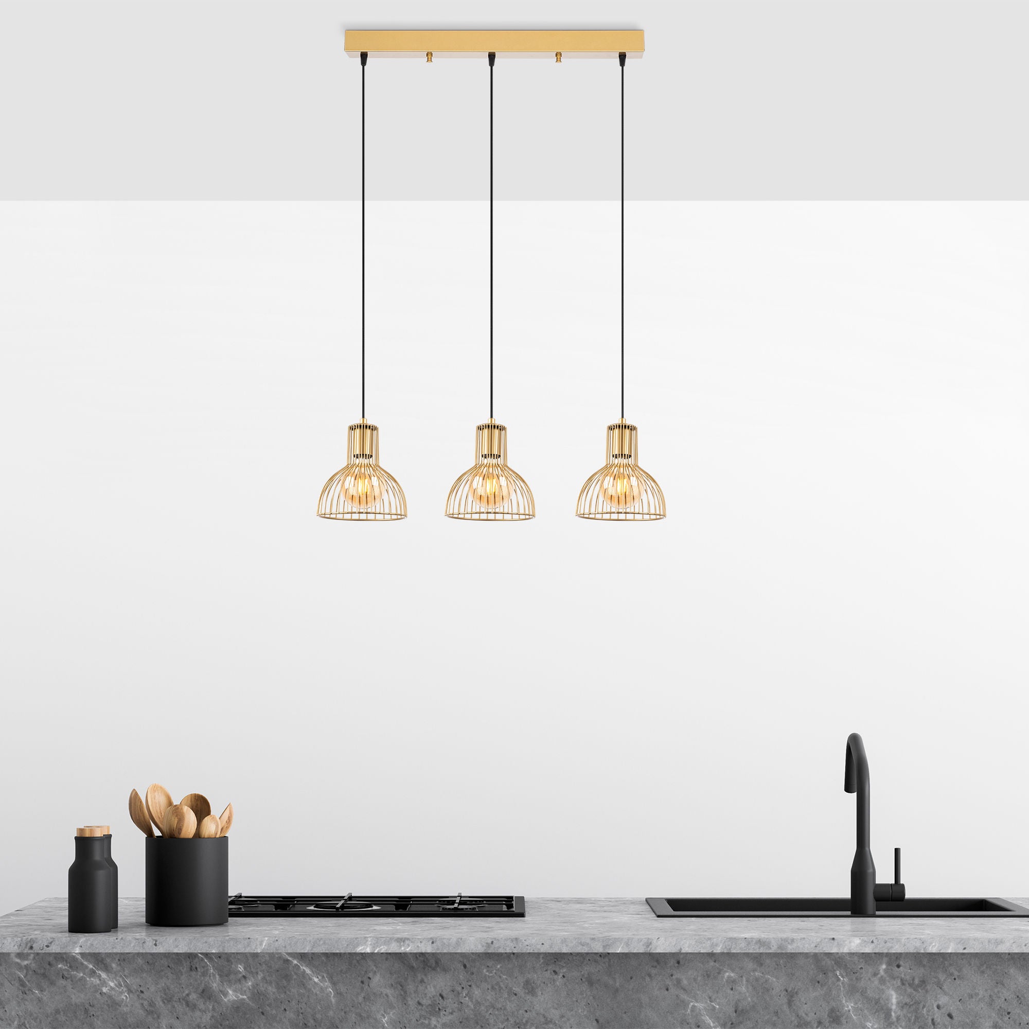 Candeeiro de Teto Elegante Dourado Brilhante, Corpo em Metal, 70 x 17 x 114 cm | Altura Ajustável, 3 Soquetes E27, Design Moderno e Glamouroso para Casa e Escritório