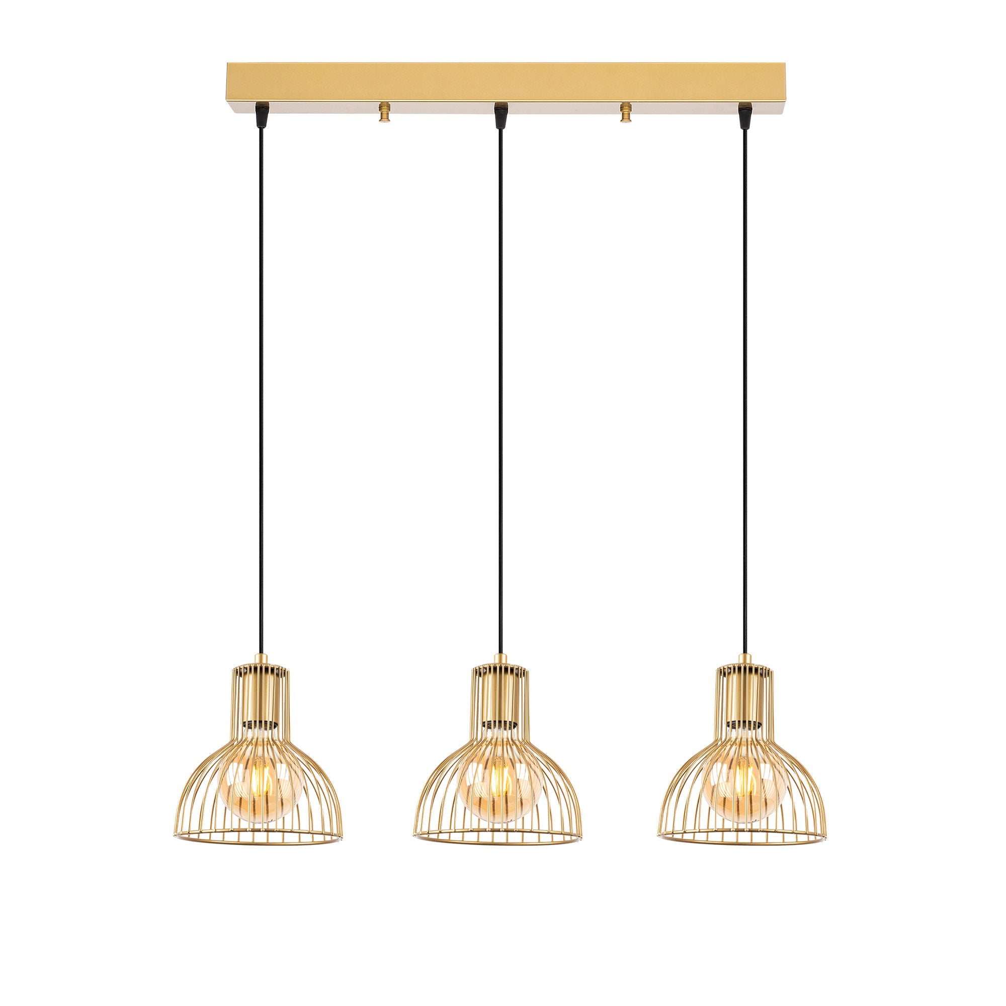 Candeeiro de Teto Elegante Dourado Brilhante, Corpo em Metal, 70 x 17 x 114 cm | Altura Ajustável, 3 Soquetes E27, Design Moderno e Glamouroso para Casa e Escritório