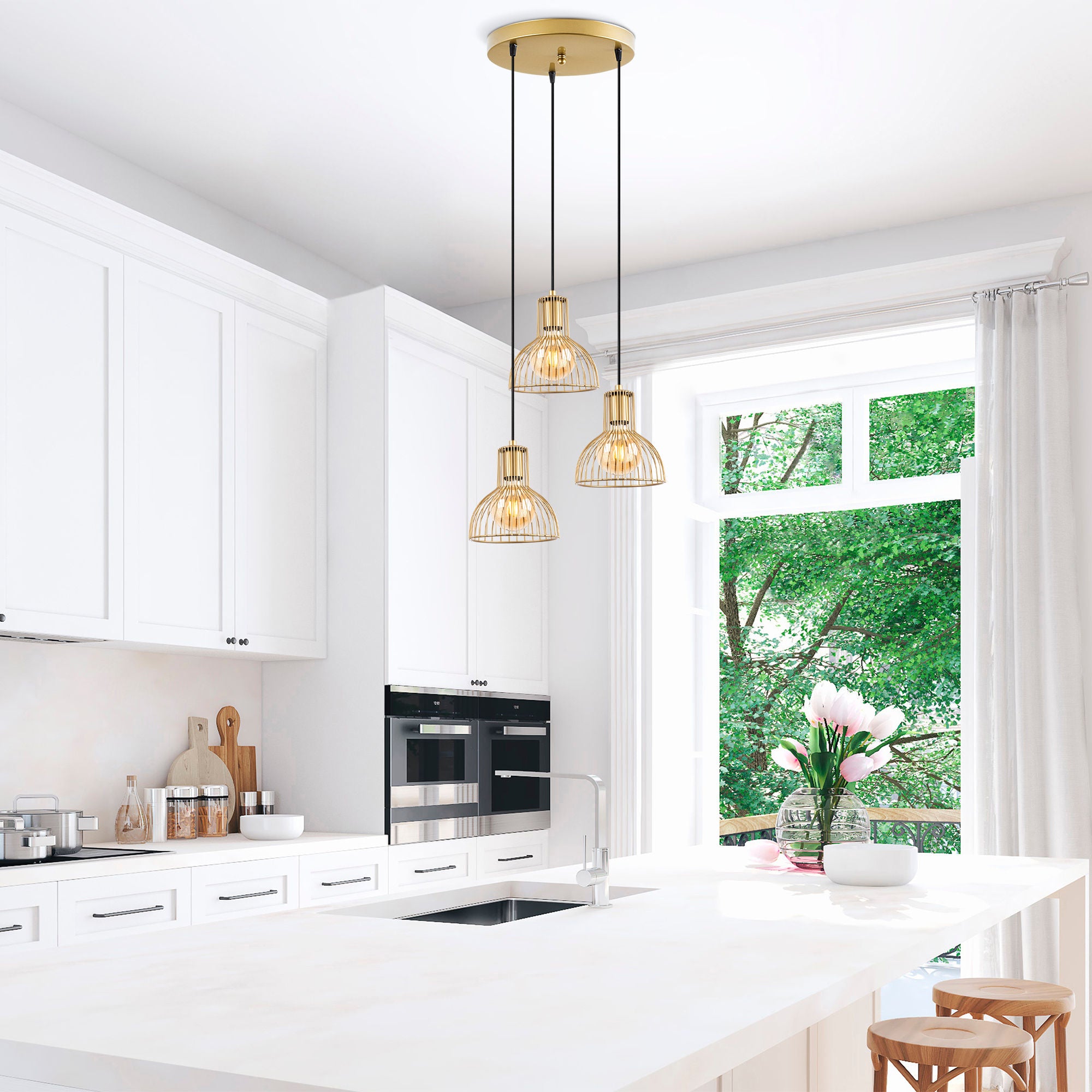 Candeeiro de Teto Elegante Dourado Brilhante, 42 x 42 x 117 cm | Corpo em Metal, Altura Ajustável, 3 Soquetes E27 | Design Moderno e Glamouroso para Casa e Escritório