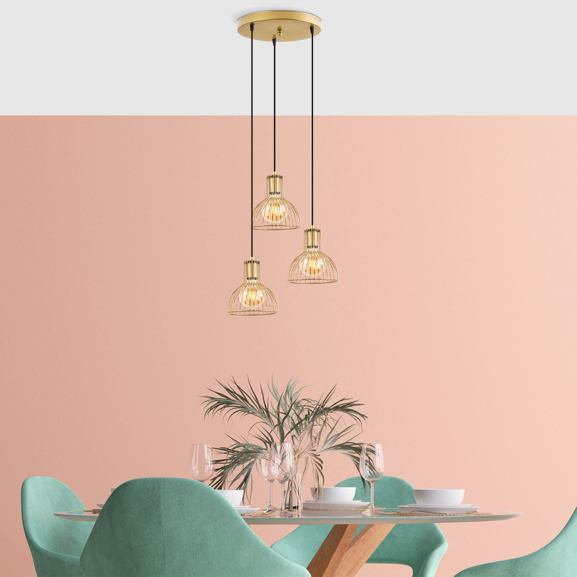 Candeeiro de Teto Elegante Dourado Brilhante, 42 x 42 x 117 cm | Corpo em Metal, Altura Ajustável, 3 Soquetes E27 | Design Moderno e Glamouroso para Casa e Escritório