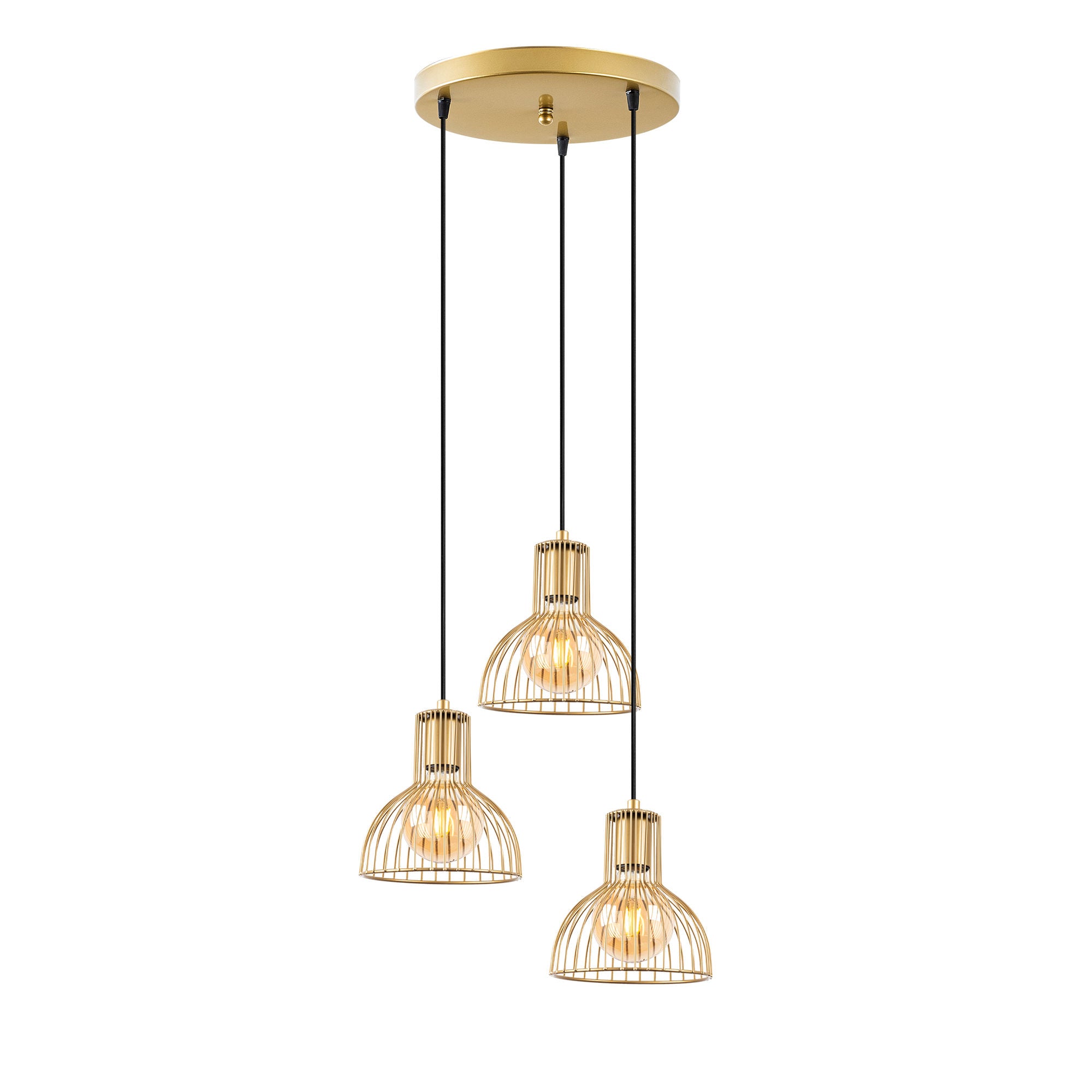 Candeeiro de Teto Elegante Dourado Brilhante, 42 x 42 x 117 cm | Corpo em Metal, Altura Ajustável, 3 Soquetes E27 | Design Moderno e Glamouroso para Casa e Escritório