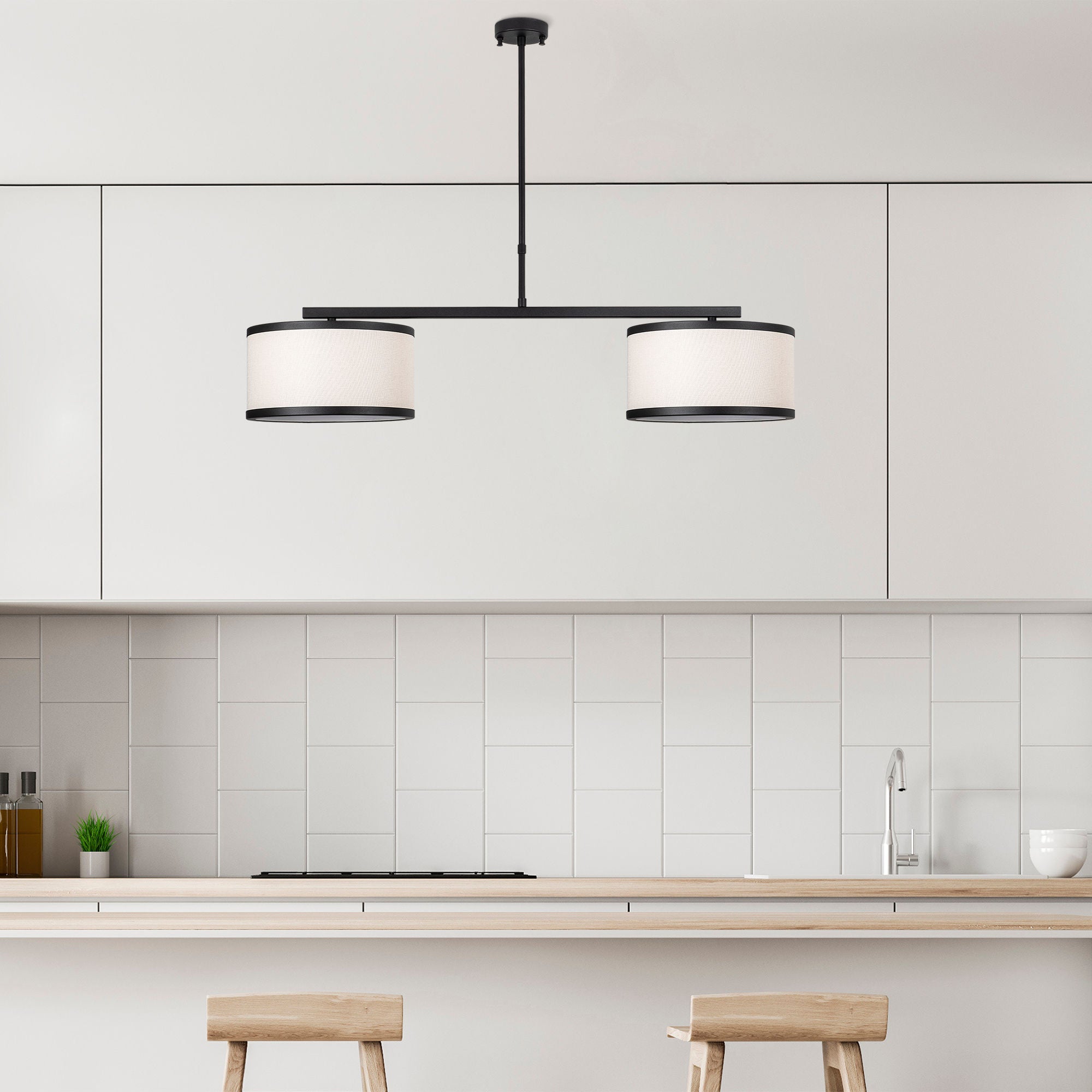 Candeeiro de Teto moderno preto e branco, altura ajustável, corpo de metal, 100 x 30 x 75 cm | 2 soquetes E27, design escandinavo, iluminação elegante para casa