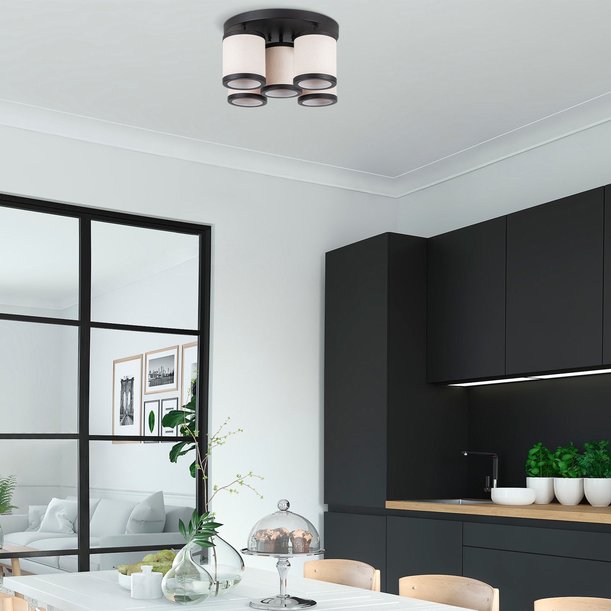 Candeeiro de Teto moderno preto e branco, 50 x 50 x 22 cm, corpo de metal, tampa de tecido, 5 x E27 máx. 40 W, design escandinavo, iluminação elegante para casa