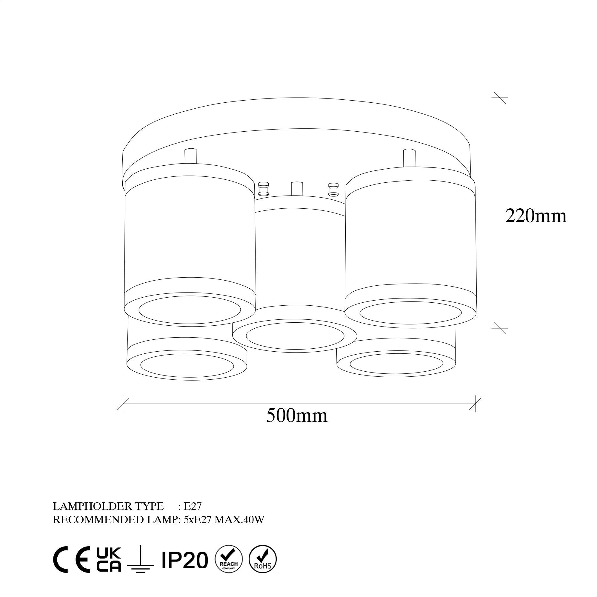 Candeeiro de Teto moderno preto e branco, 50 x 50 x 22 cm, corpo de metal, tampa de tecido, 5 x E27 máx. 40 W, design escandinavo, iluminação elegante para casa