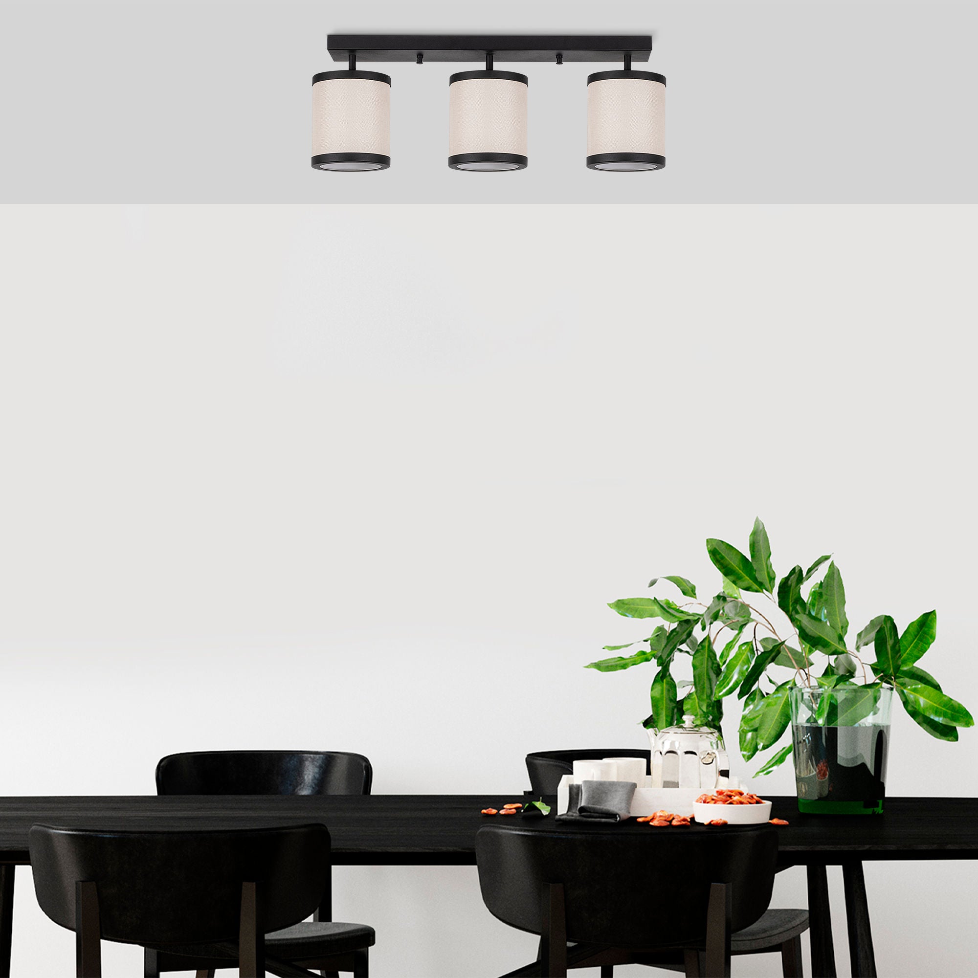 Candeeiro de Teto Escandinavo Moderno, Preto e Branco, 66 x 20 x 21 cm | Corpo em Metal, Tampa em Tecido, 3 Soquetes E27 | Iluminação Elegante para Casa e Escritório