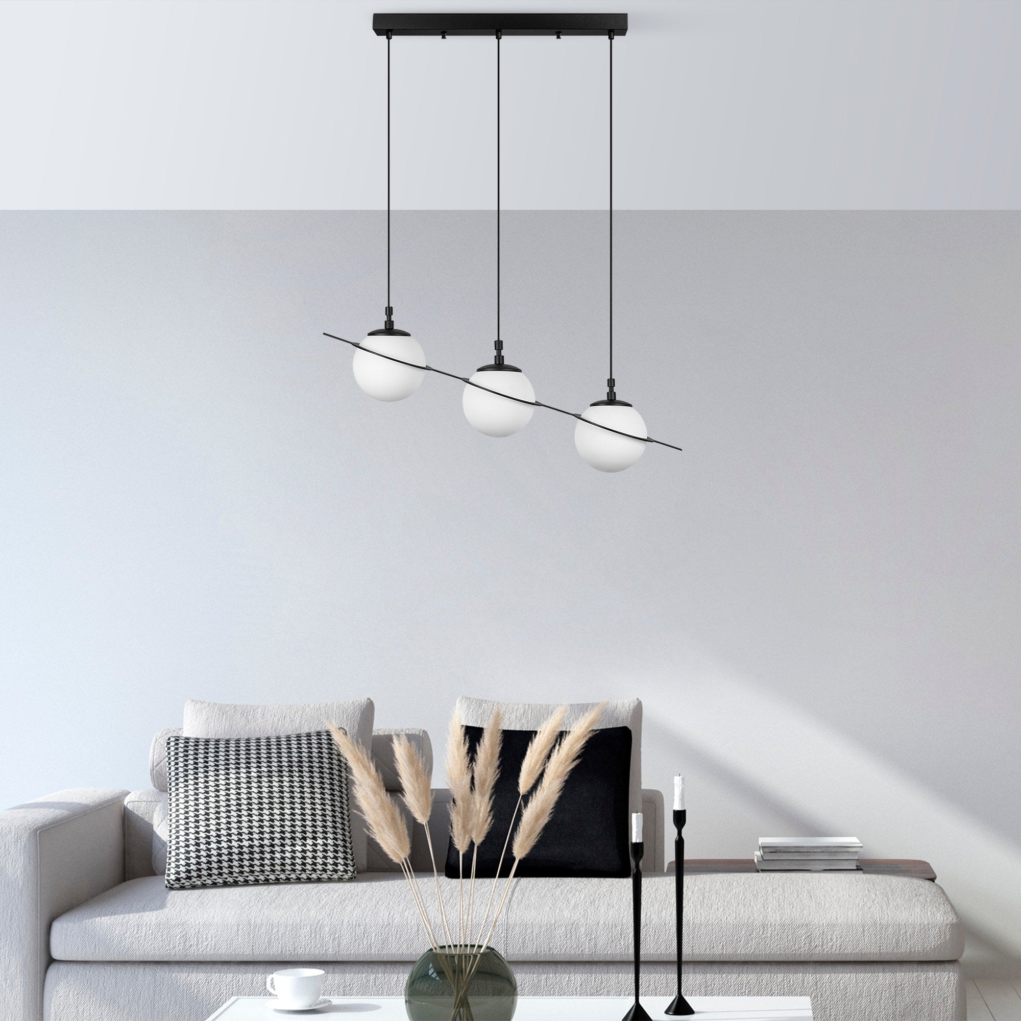 Candeeiro de Teto preto elegante, corpo de metal, 76 cm de largura, altura ajustável (22-167 cm), 3 soquetes E14, design moderno para iluminação residencial e de escritório