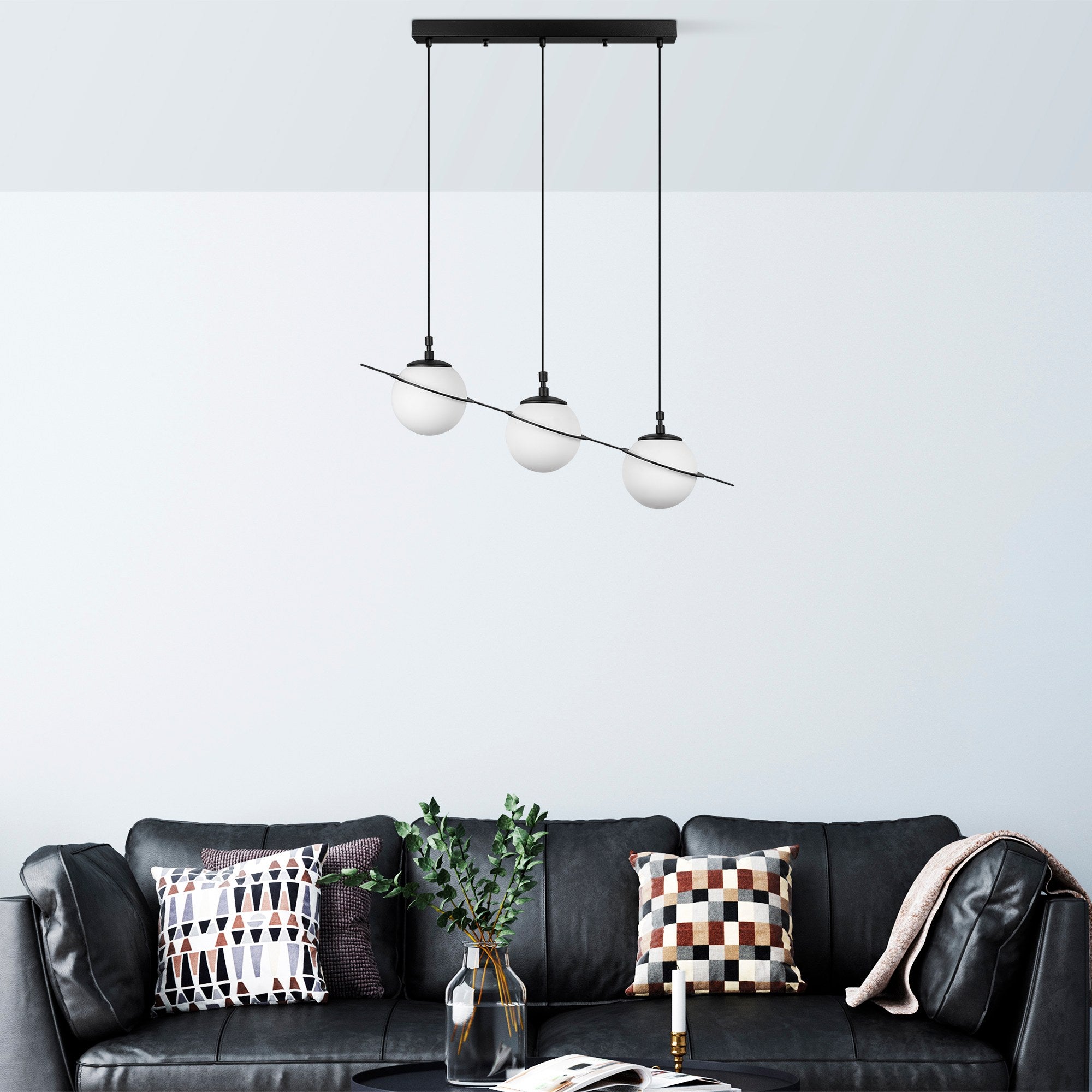 Candeeiro de Teto preto elegante, corpo de metal, 76 cm de largura, altura ajustável (22-167 cm), 3 soquetes E14, design moderno para iluminação residencial e de escritório