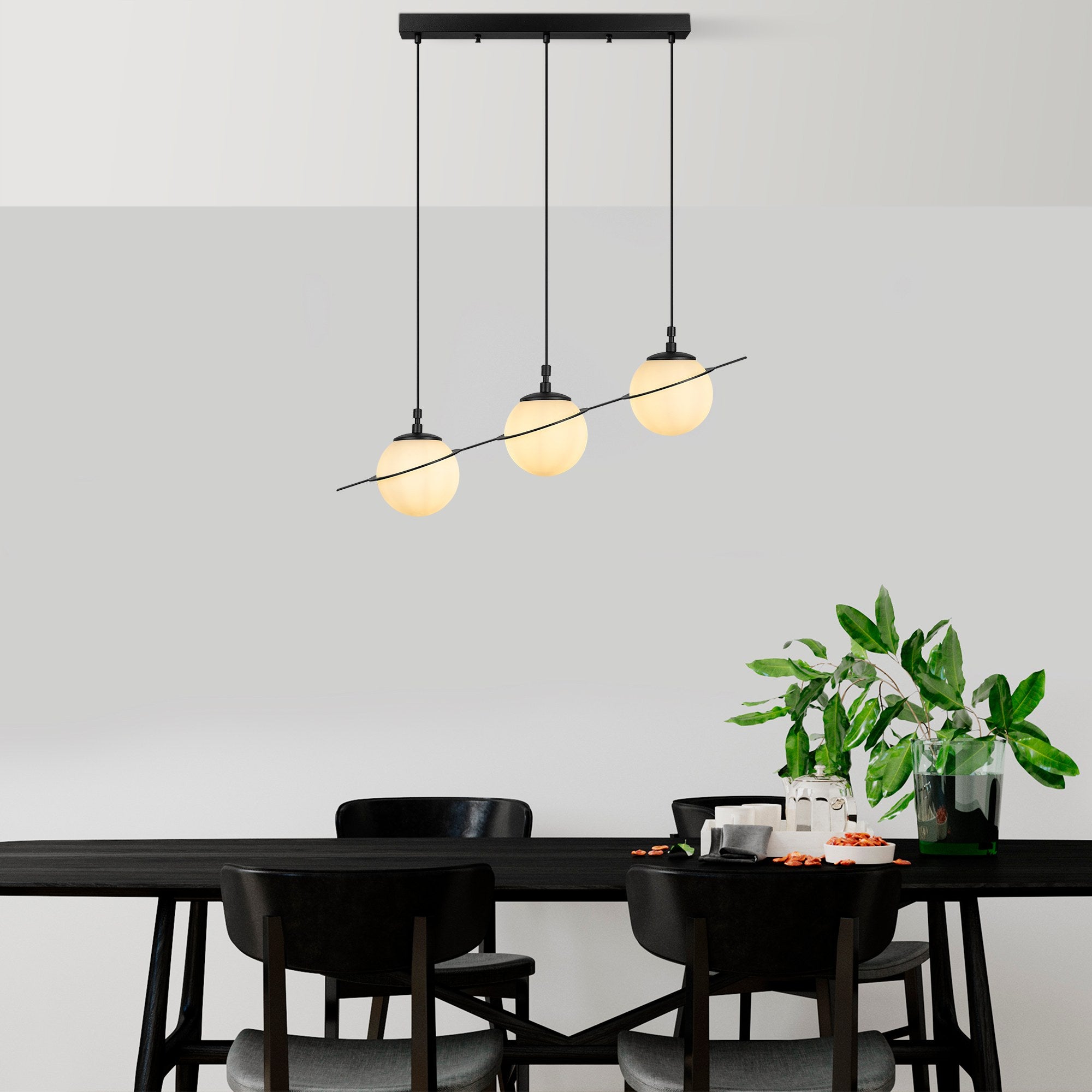 Candeeiro de Teto preto elegante, corpo de metal, 76 cm de largura, altura ajustável (22-167 cm), 3 soquetes E14, design moderno para iluminação residencial e de escritório