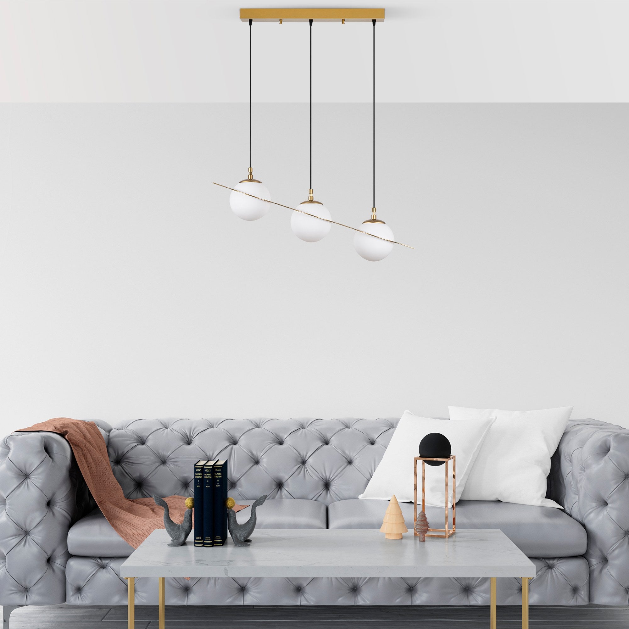 Candeeiro de Teto Dourado Elegante, Corpo em Metal, 76 cm de Largura, Altura Ajustável (22-167 cm), 3 Soquetes E14, IP20 | Perfeito para Salas de Estar e Jantar Modernas