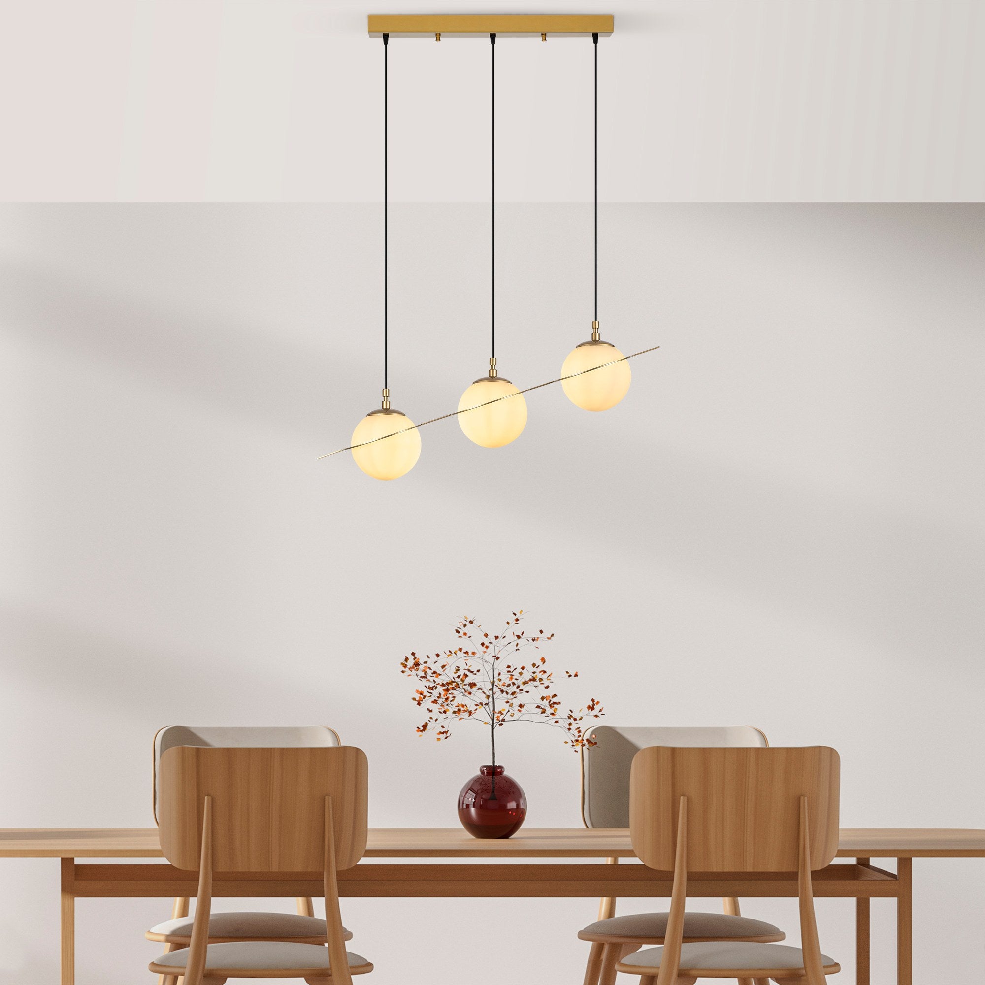 Candeeiro de Teto Dourado Elegante, Corpo em Metal, 76 cm de Largura, Altura Ajustável (22-167 cm), 3 Soquetes E14, IP20 | Perfeito para Salas de Estar e Jantar Modernas