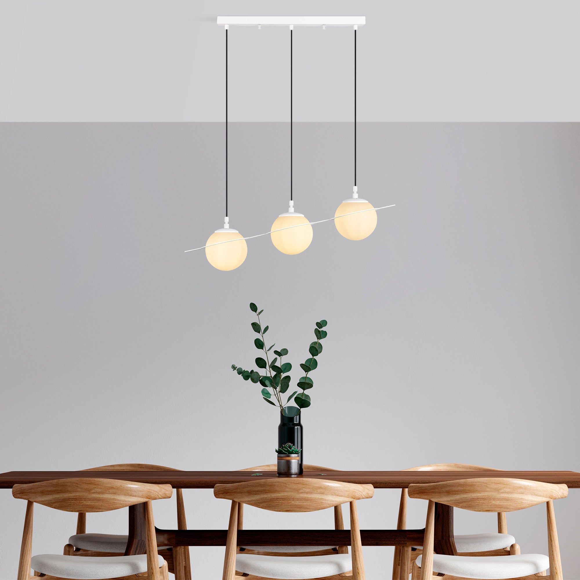 Candeeiro de Teto Branco Elegante, Corpo em Metal, 76 cm de Largura, Altura Ajustável (22-167 cm), 3 Tomadas E14, IP20 | Perfeito para Salas de Estar e Salas de Jantar Modernas