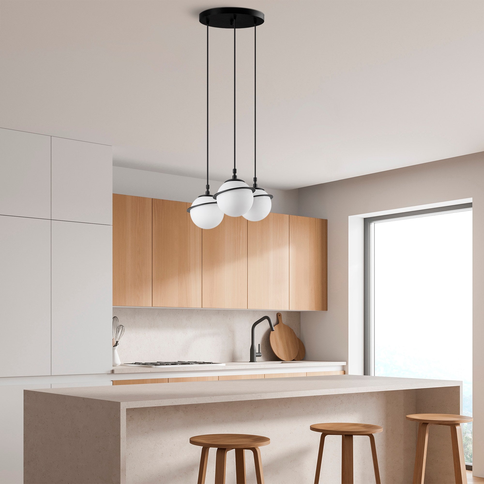 Candeeiro de Teto preto elegante, corpo de metal, 36 cm de largura, altura ajustável (22-167 cm), 3 soquetes E14, iluminação elegante para espaços modernos