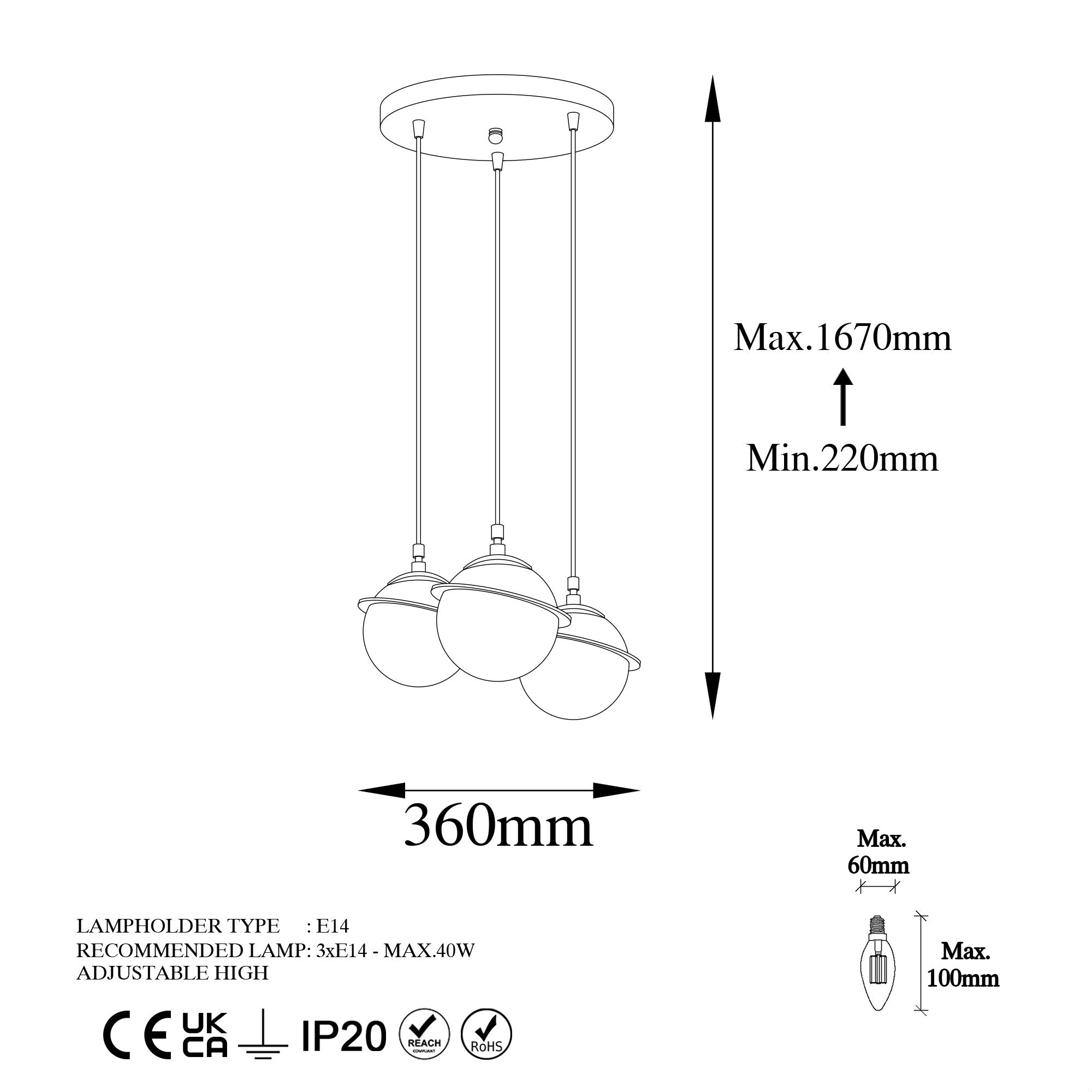 Candeeiro de Teto Dourado Elegante, Corpo em Metal, 36 cm de Largura, Altura Ajustável (22-167 cm), 3 x E14 Máx. 40 W | Iluminação Elegante para Espaços Modernos, Classificação IP20