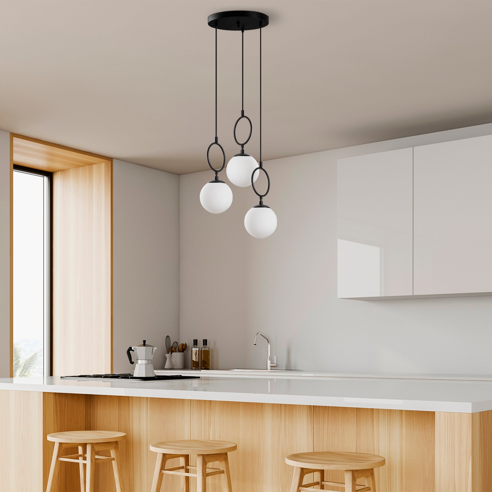 Candeeiro de Teto preto elegante, corpo de metal, 45 cm de largura, altura ajustável (40-185 cm), 3 soquetes E14, iluminação elegante para espaços modernos