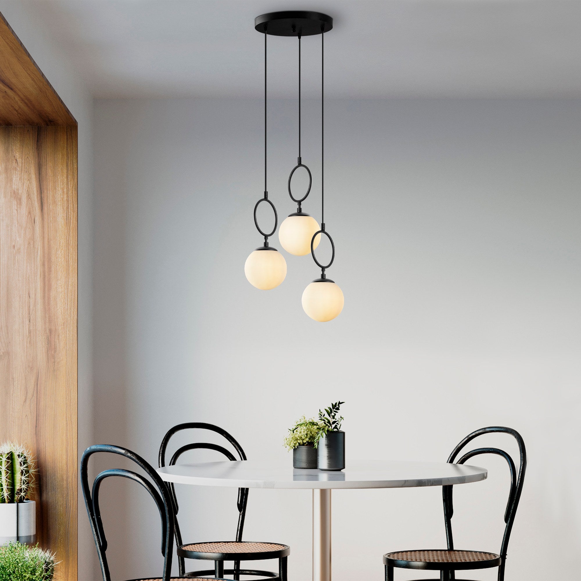 Candeeiro de Teto preto elegante, corpo de metal, 45 cm de largura, altura ajustável (40-185 cm), 3 soquetes E14, iluminação elegante para espaços modernos