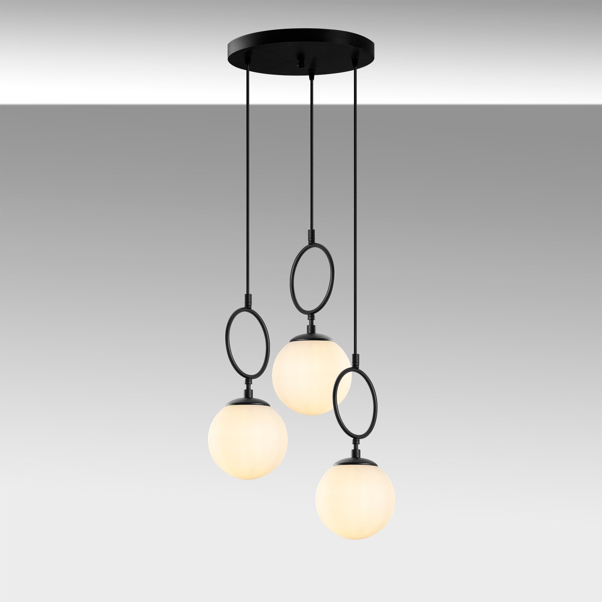 Candeeiro de Teto preto elegante, corpo de metal, 45 cm de largura, altura ajustável (40-185 cm), 3 soquetes E14, iluminação elegante para espaços modernos