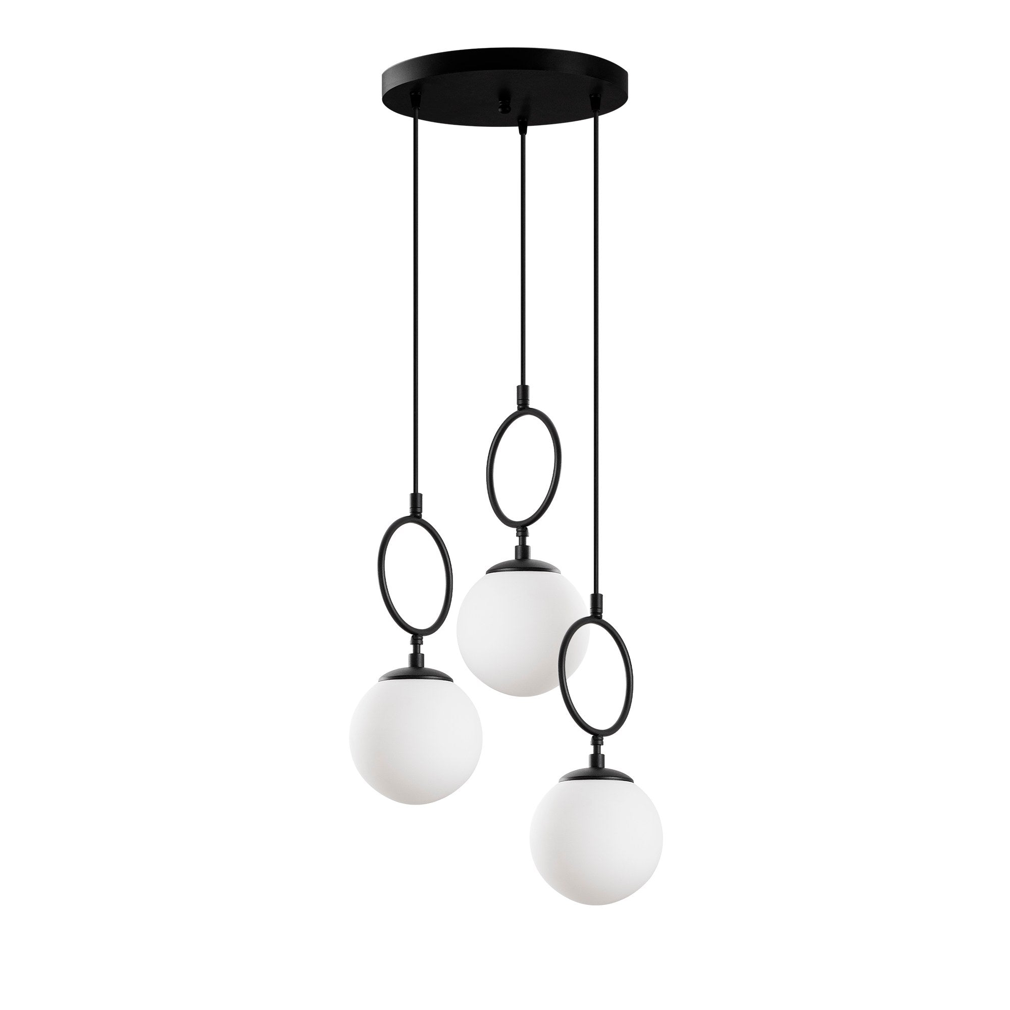 Candeeiro de Teto preto elegante, corpo de metal, 45 cm de largura, altura ajustável (40-185 cm), 3 soquetes E14, iluminação elegante para espaços modernos