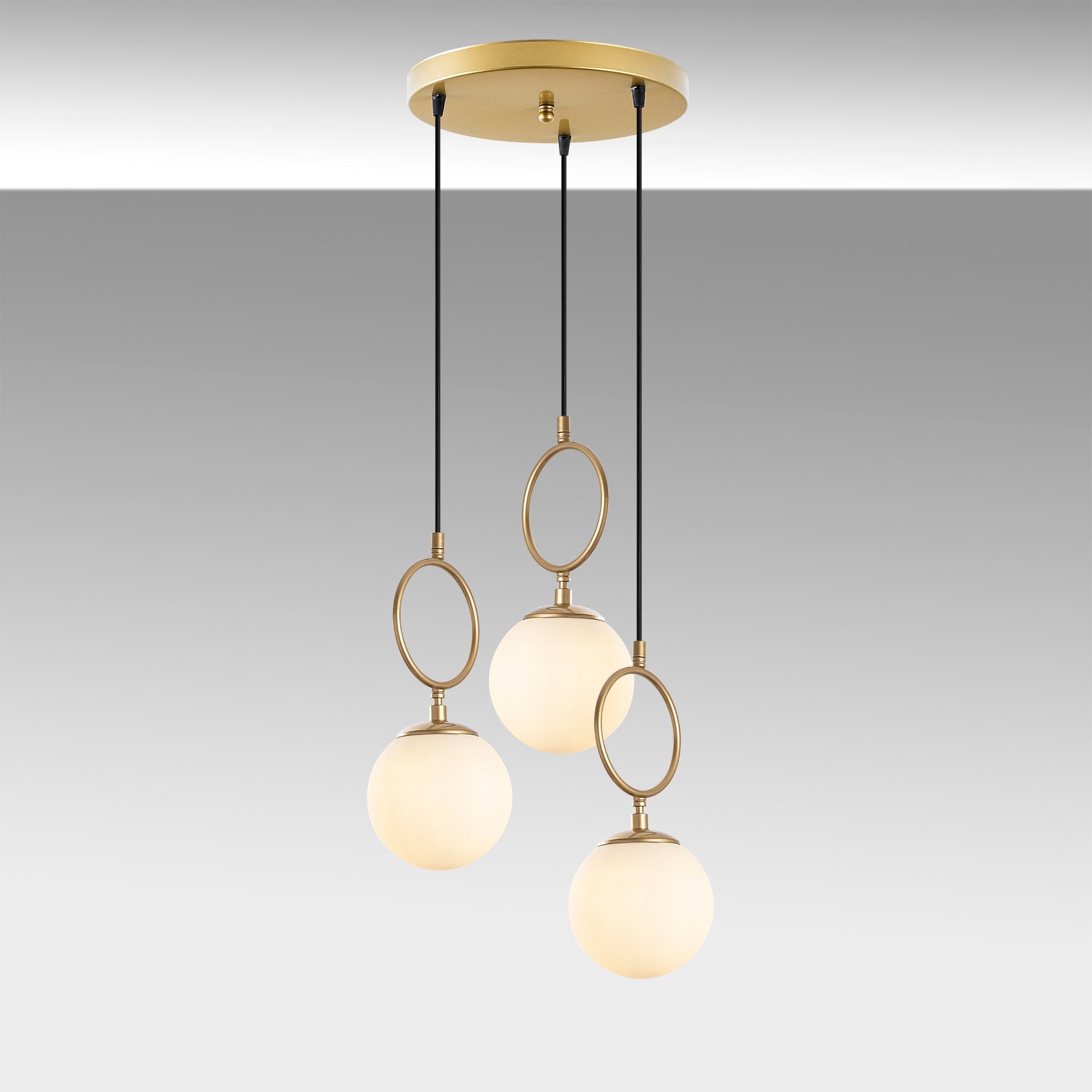 Candeeiro de Teto elegante dourado, corpo de metal, 45 cm de largura, altura ajustável (40-185 cm), 3 soquetes E14, iluminação elegante para espaços modernos, classificação IP20
