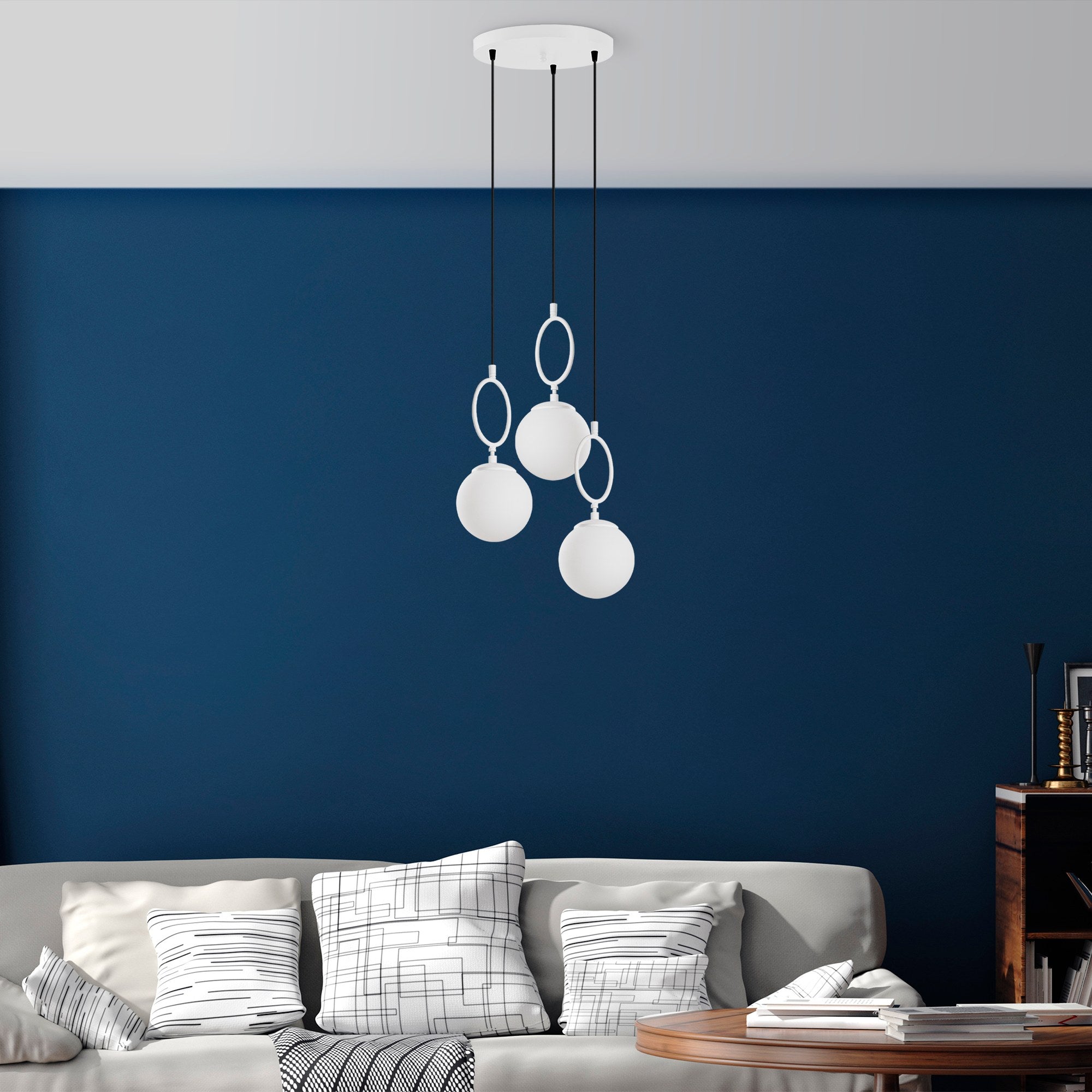 Candeeiro de Teto branco elegante, corpo de metal, 45 cm de largura, altura ajustável (40-185 cm), 3 soquetes E14, IP20, perfeito para espaços modernos, solução de iluminação elegante