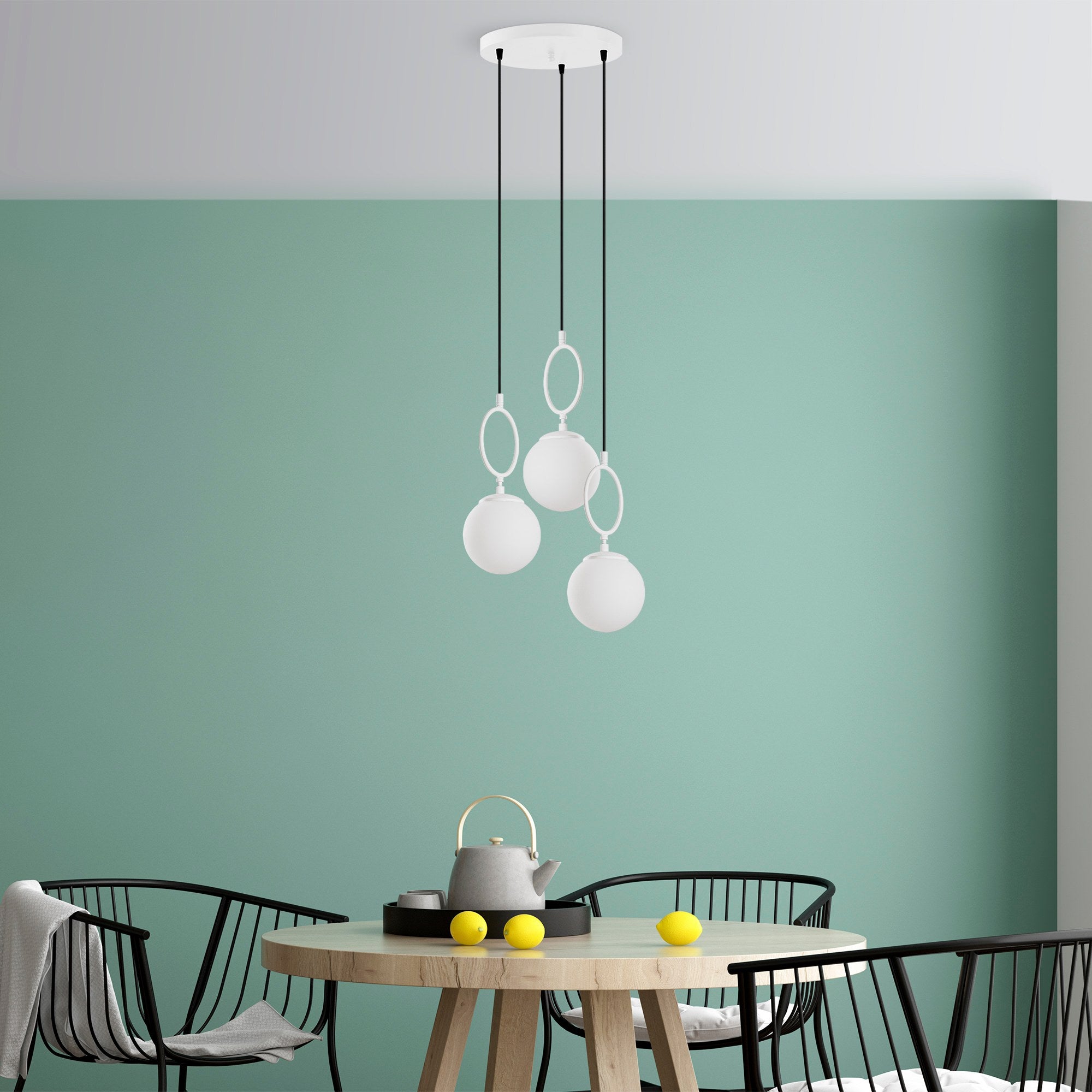 Candeeiro de Teto branco elegante, corpo de metal, 45 cm de largura, altura ajustável (40-185 cm), 3 soquetes E14, IP20, perfeito para espaços modernos, solução de iluminação elegante