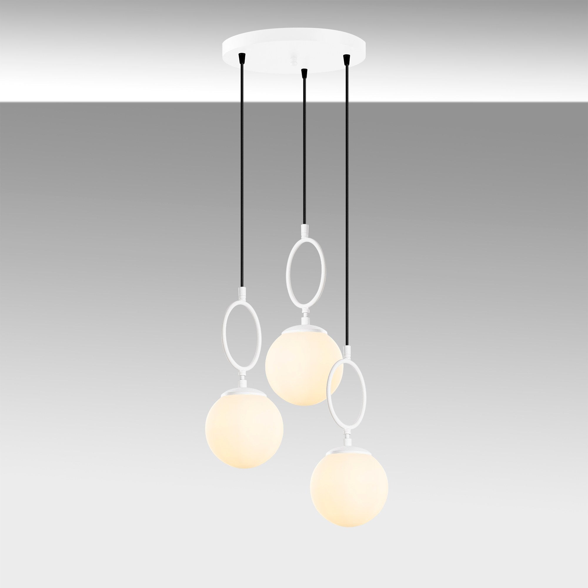 Candeeiro de Teto branco elegante, corpo de metal, 45 cm de largura, altura ajustável (40-185 cm), 3 soquetes E14, IP20, perfeito para espaços modernos, solução de iluminação elegante