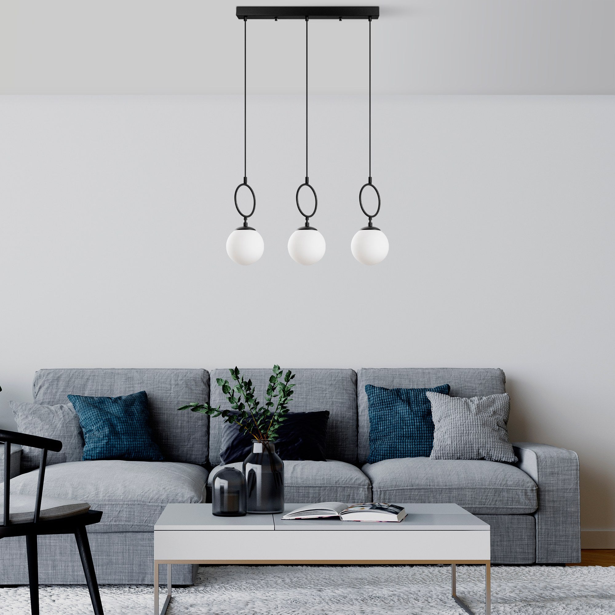 Candeeiro de Teto Preto Elegante, Corpo em Metal, 75 cm de Largura, Altura Ajustável (40-185 cm), 3 Soquetes E14, IP20 | Iluminação Moderna para Casa e Escritório