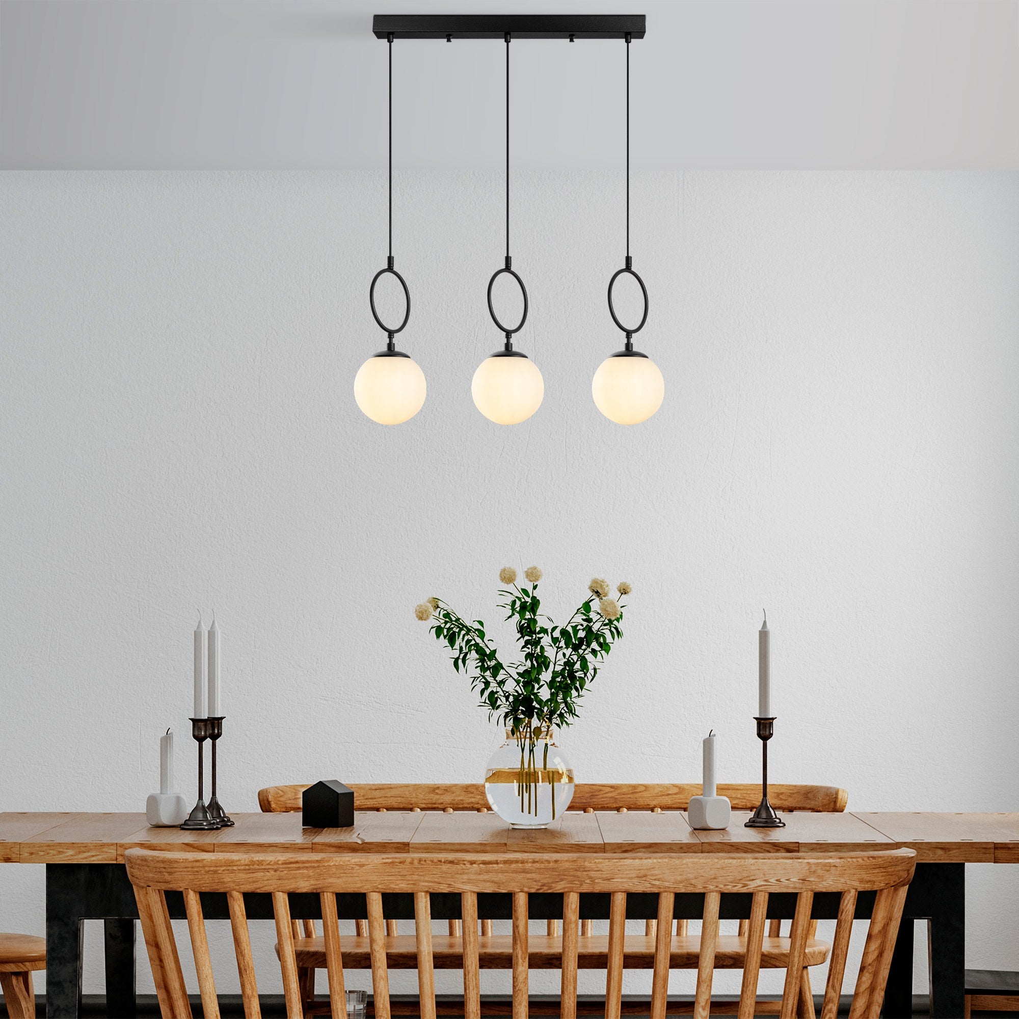 Candeeiro de Teto Preto Elegante, Corpo em Metal, 75 cm de Largura, Altura Ajustável (40-185 cm), 3 Soquetes E14, IP20 | Iluminação Moderna para Casa e Escritório