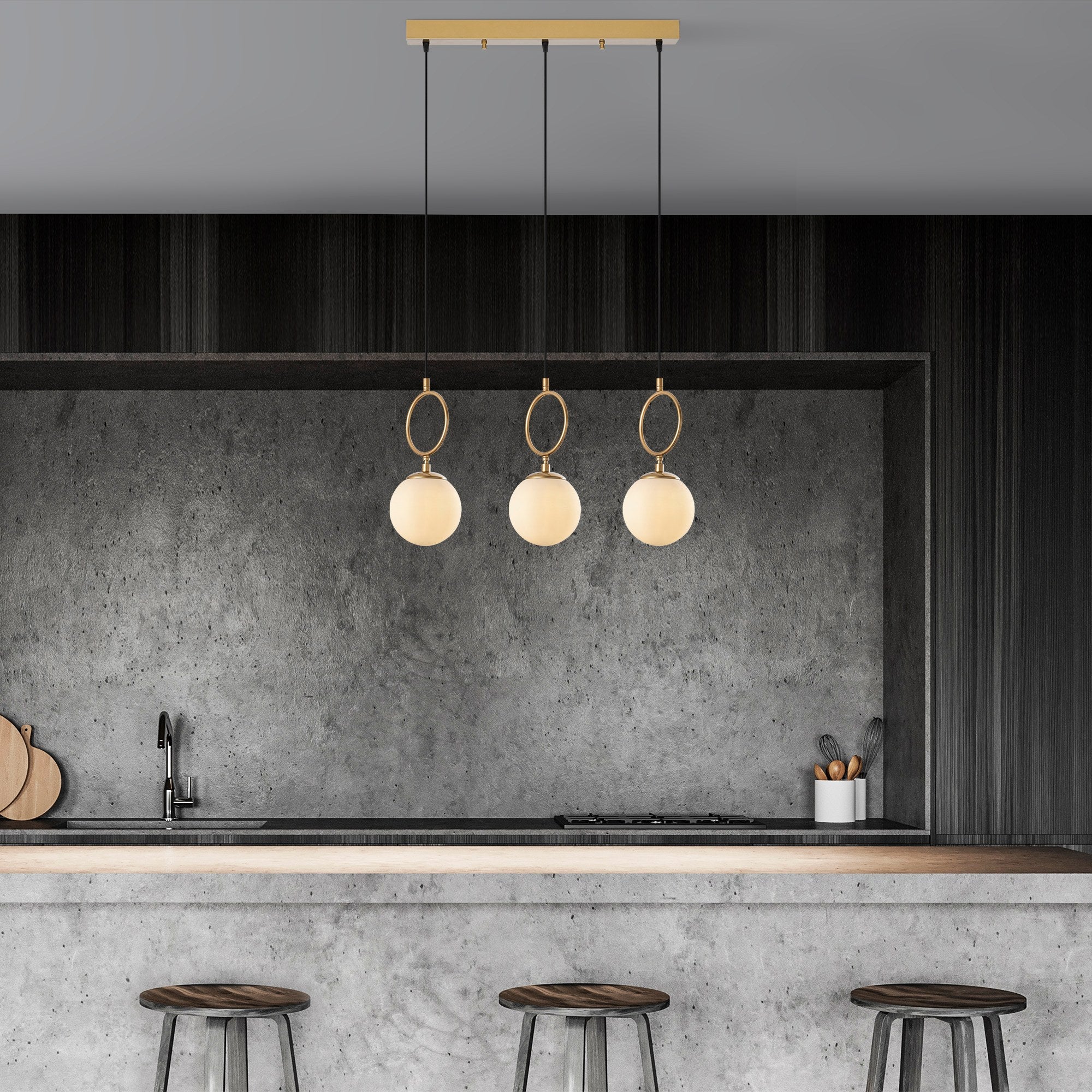 Candeeiro de Teto Dourado Elegante, Corpo em Metal, 75 cm de Largura, Altura Ajustável (40-185 cm), 3 x E14 Máx. 40 W, IP20 | Perfeito para Salas de Estar e Jantar Modernas