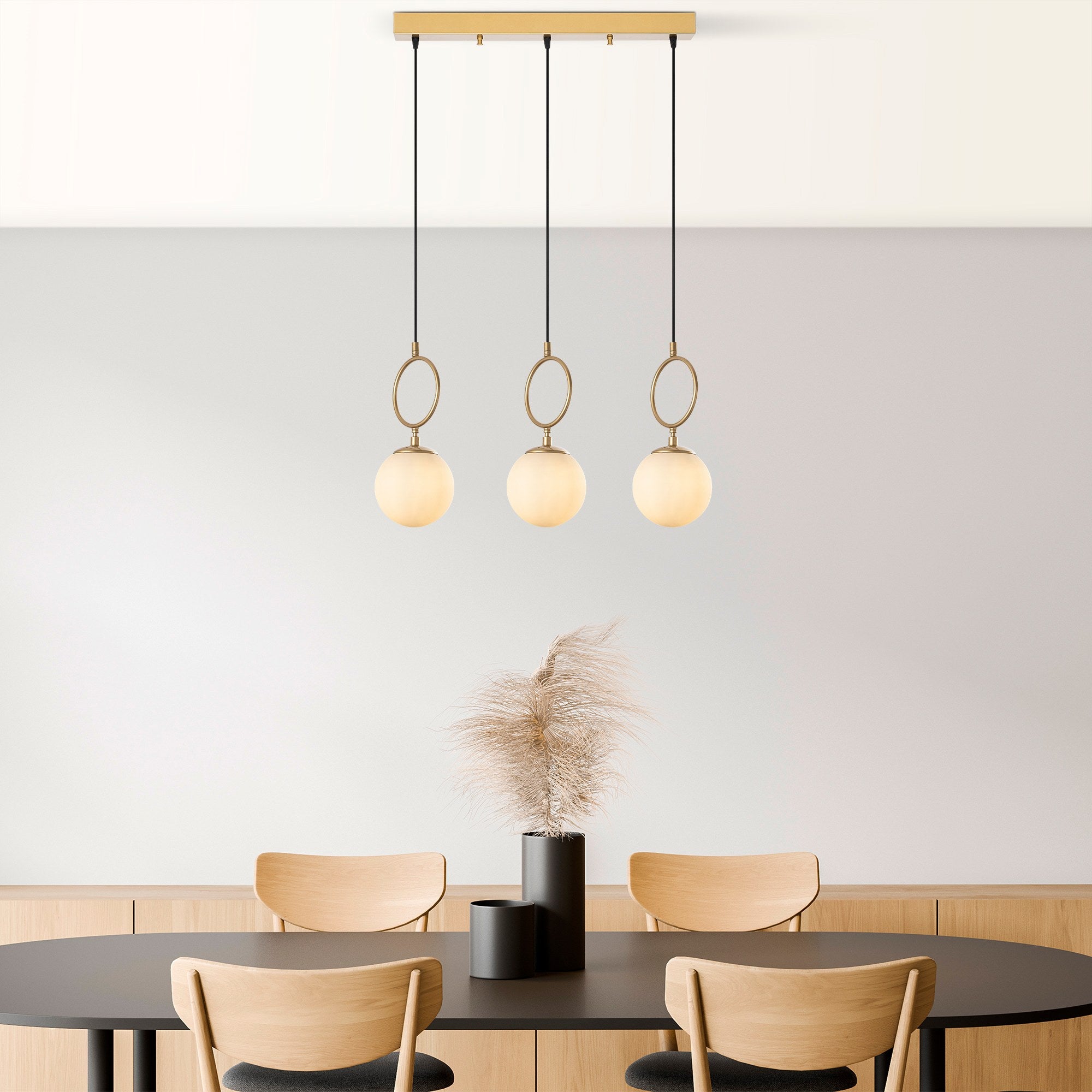 Candeeiro de Teto Dourado Elegante, Corpo em Metal, 75 cm de Largura, Altura Ajustável (40-185 cm), 3 x E14 Máx. 40 W, IP20 | Perfeito para Salas de Estar e Jantar Modernas