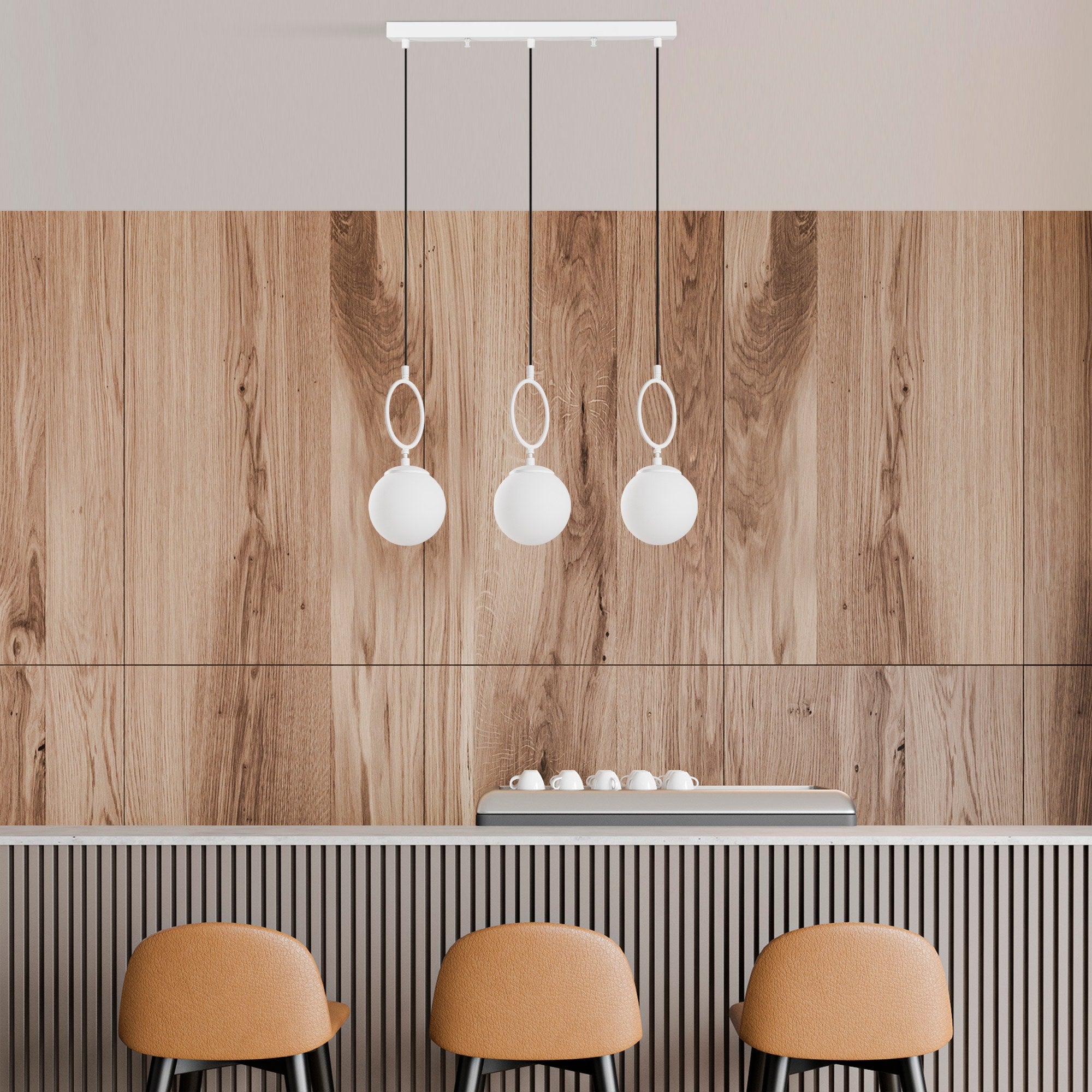 Candeeiro de Teto Branco Elegante, Corpo em Metal, 75 cm de Largura, Altura Ajustável (40-185 cm), 3 Tomadas E14, IP20 | Perfeito para Salas de Estar e Jantar Modernas