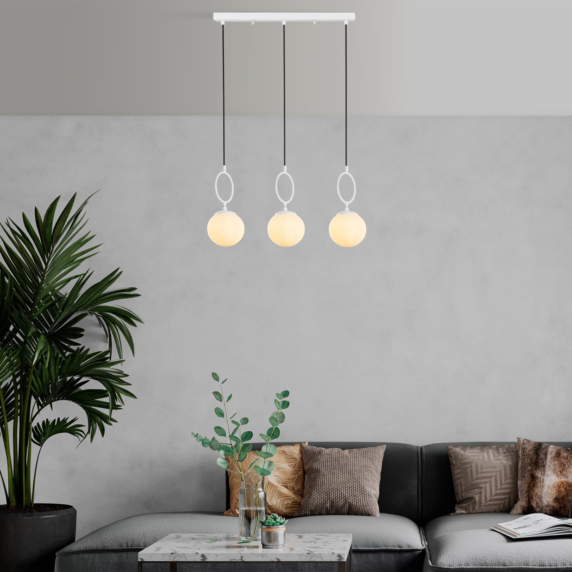 Candeeiro de Teto Branco Elegante, Corpo em Metal, 75 cm de Largura, Altura Ajustável (40-185 cm), 3 Tomadas E14, IP20 | Perfeito para Salas de Estar e Jantar Modernas