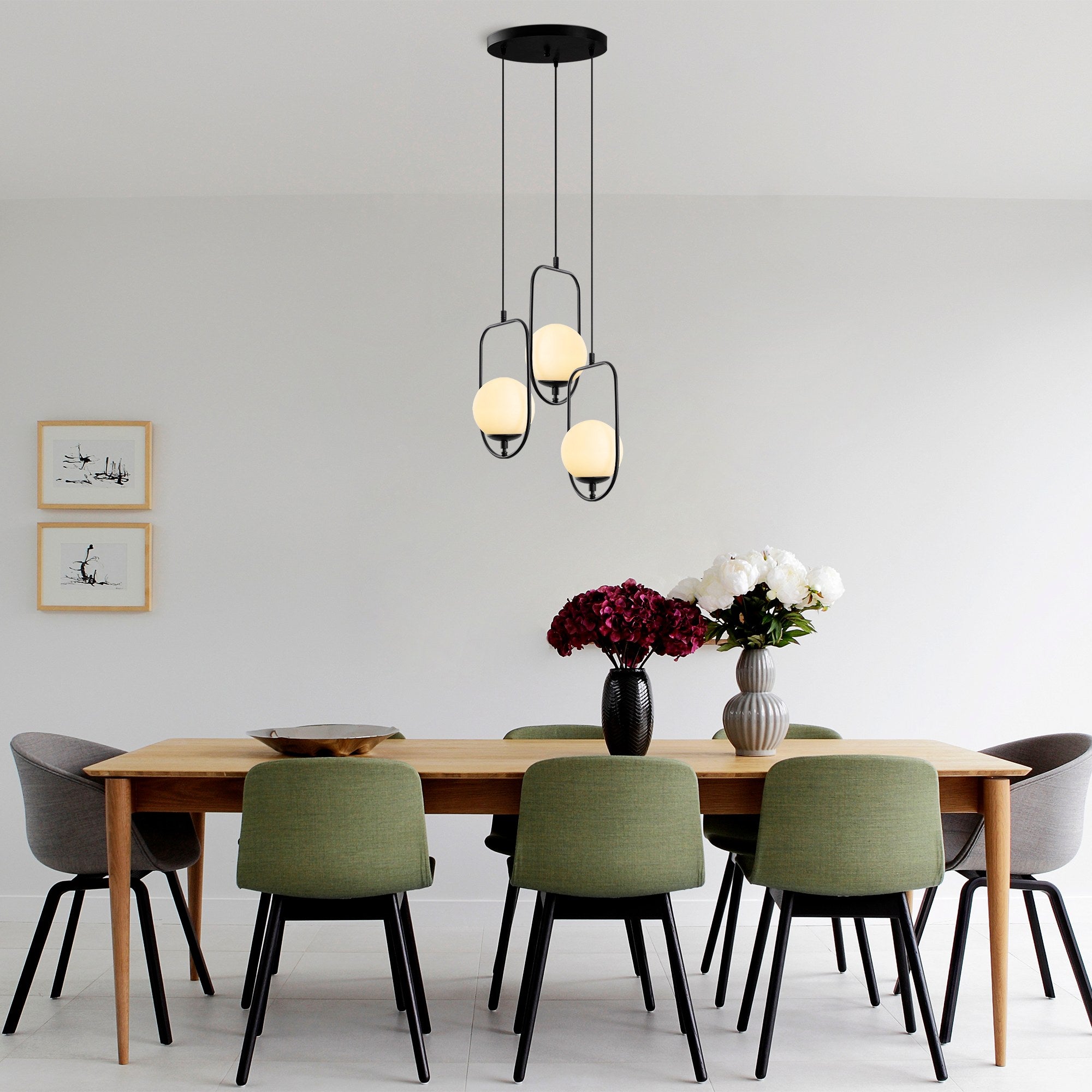 Candeeiro de Teto elegante preto, corpo de metal, 55 cm de largura, altura ajustável (40-185 cm), 3 soquetes E14, IP20 | Perfeito para salas de estar e jantar modernas