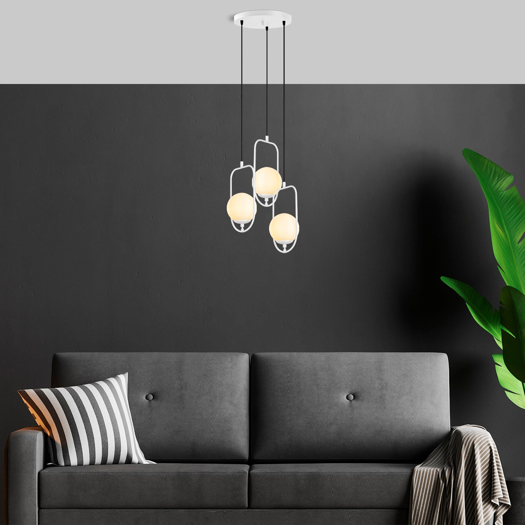 Candeeiro de Teto Branco Elegante, Corpo em Metal, 55 cm de Largura, Altura Ajustável (40-185 cm), 3 Tomadas E14, IP20 | Perfeito para Salas de Estar e Salas de Jantar Modernas