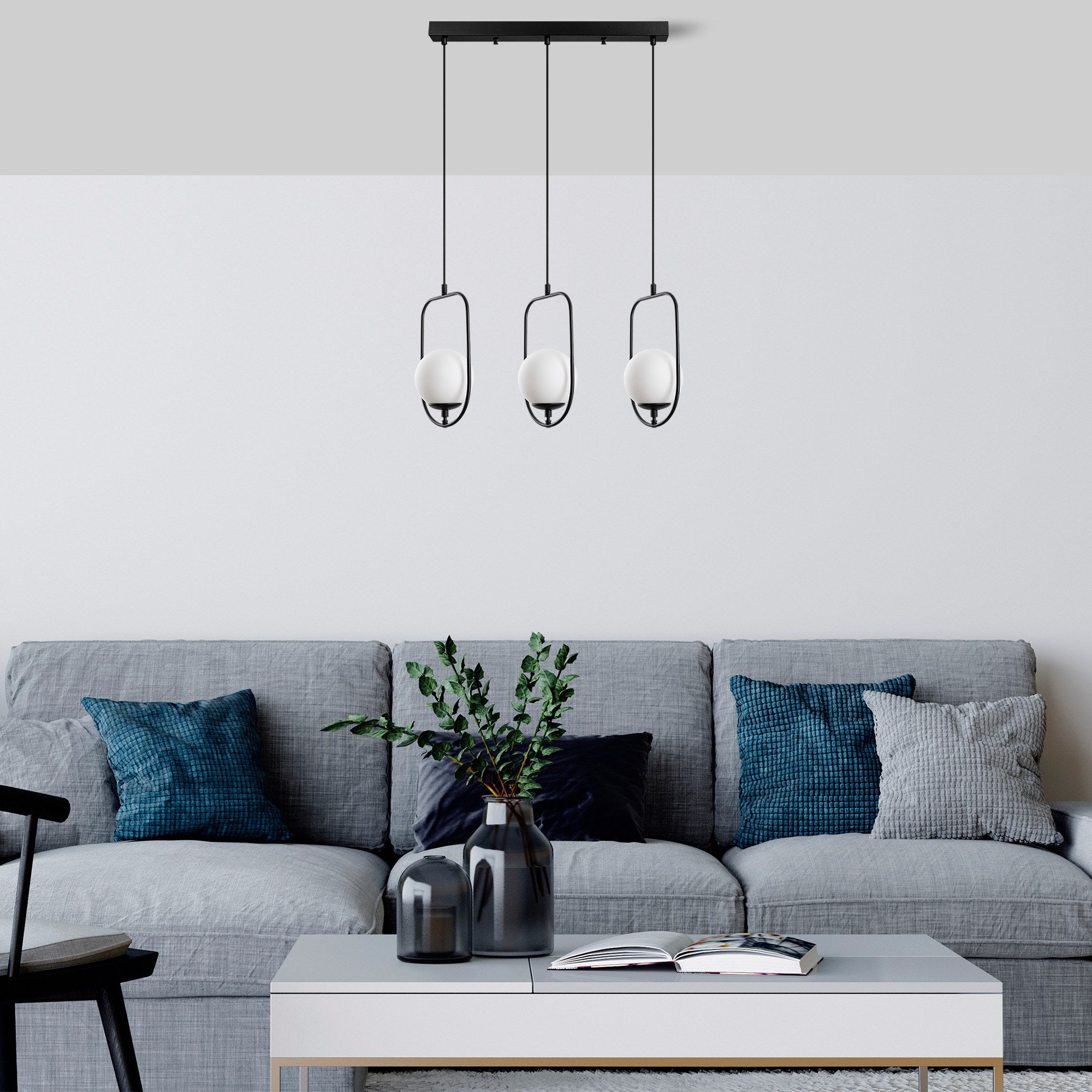Candeeiro de Teto preto elegante, corpo de metal, 80 cm de largura, altura ajustável (40-185 cm), 3 soquetes E14, design moderno para iluminação residencial e de escritório