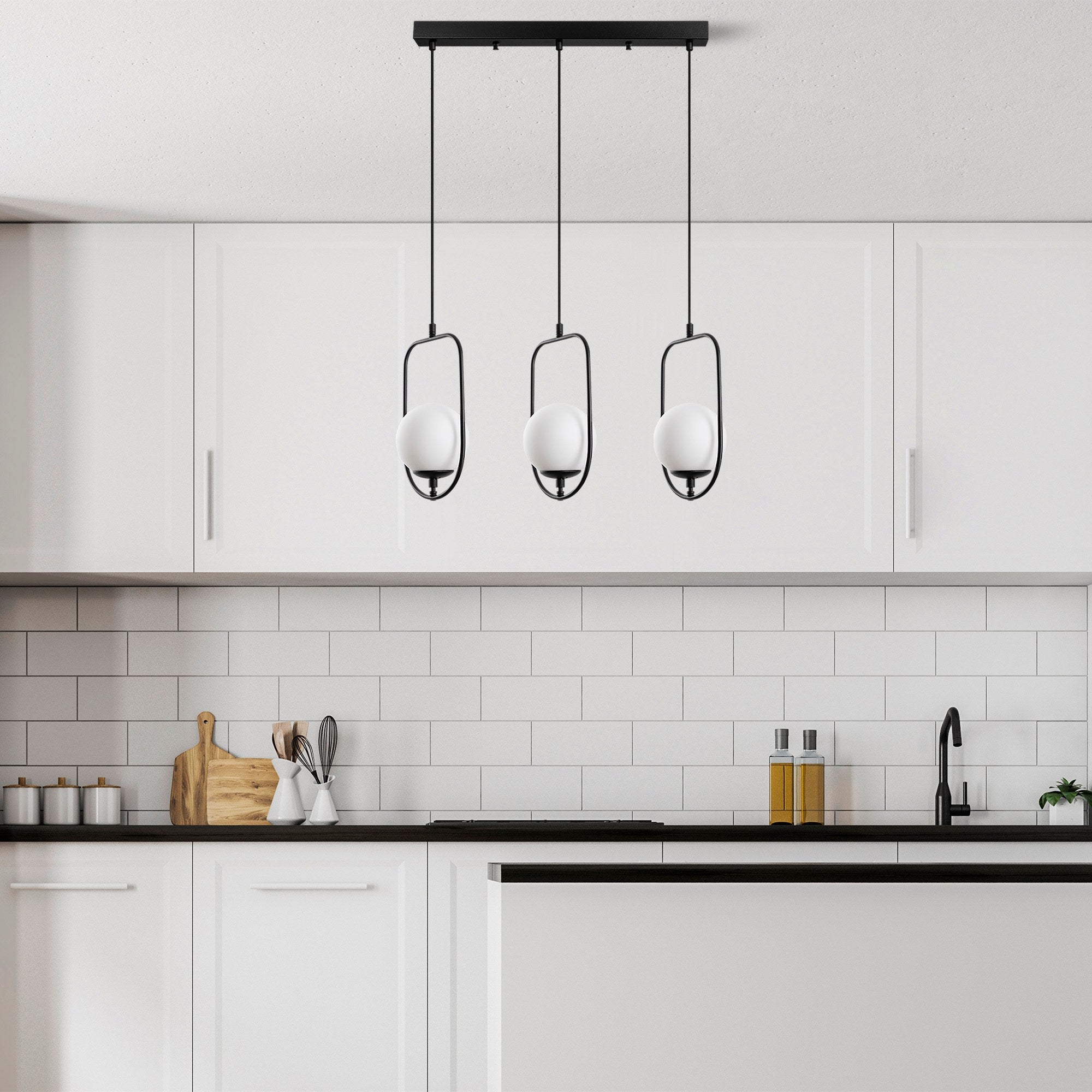 Candeeiro de Teto preto elegante, corpo de metal, 80 cm de largura, altura ajustável (40-185 cm), 3 soquetes E14, design moderno para iluminação residencial e de escritório