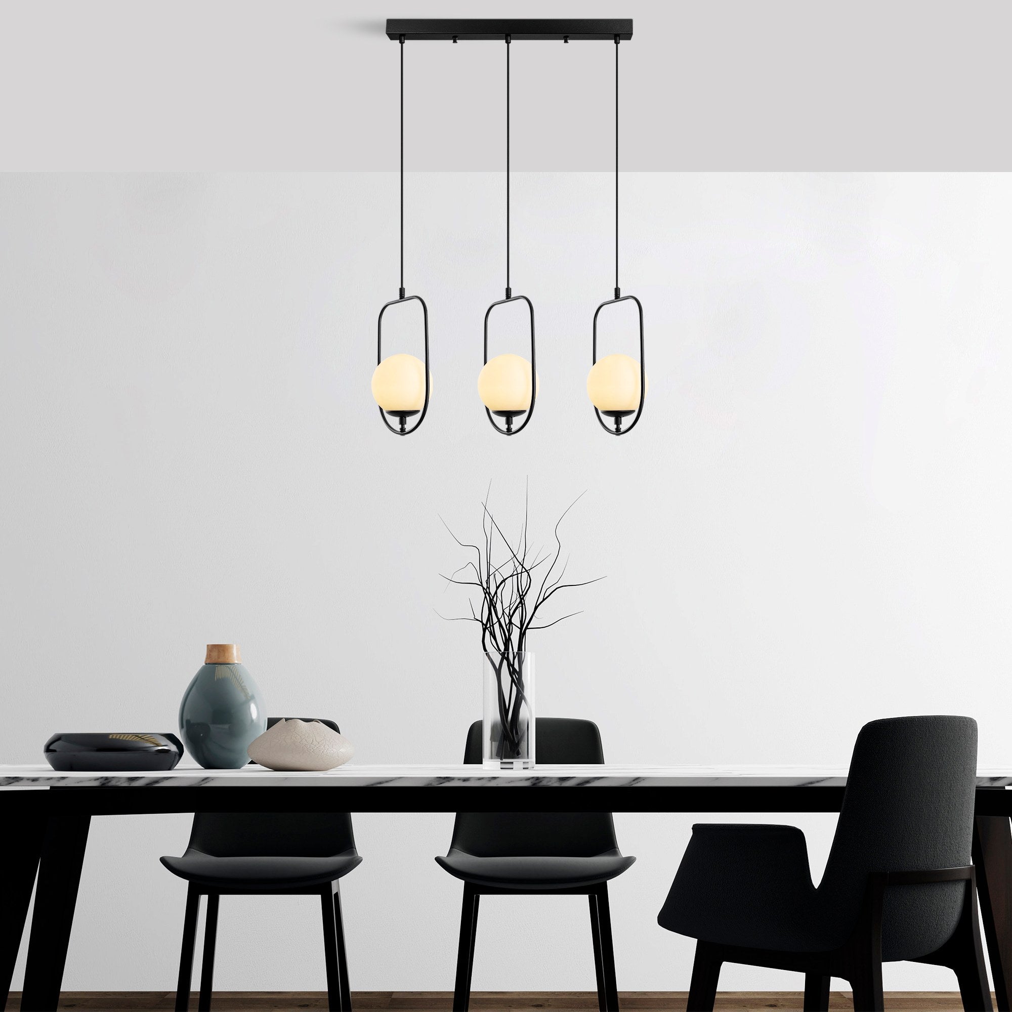 Candeeiro de Teto preto elegante, corpo de metal, 80 cm de largura, altura ajustável (40-185 cm), 3 soquetes E14, design moderno para iluminação residencial e de escritório
