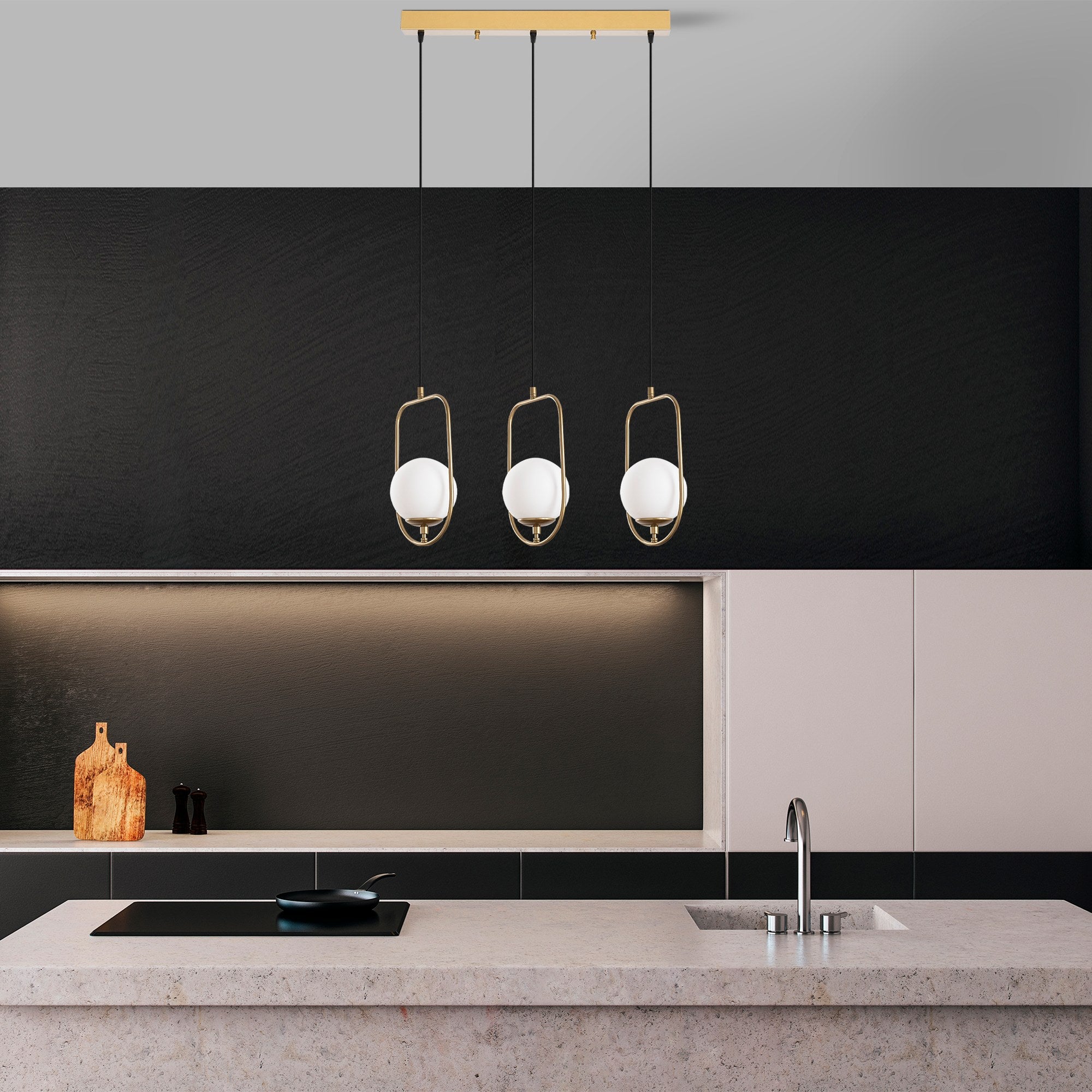 Candeeiro de Teto Dourado Elegante, Corpo em Metal, 80 cm de Largura, Altura Ajustável (40-185 cm), 3 Soquetes E14, IP20 | Perfeito para Salas de Estar e Jantar Modernas