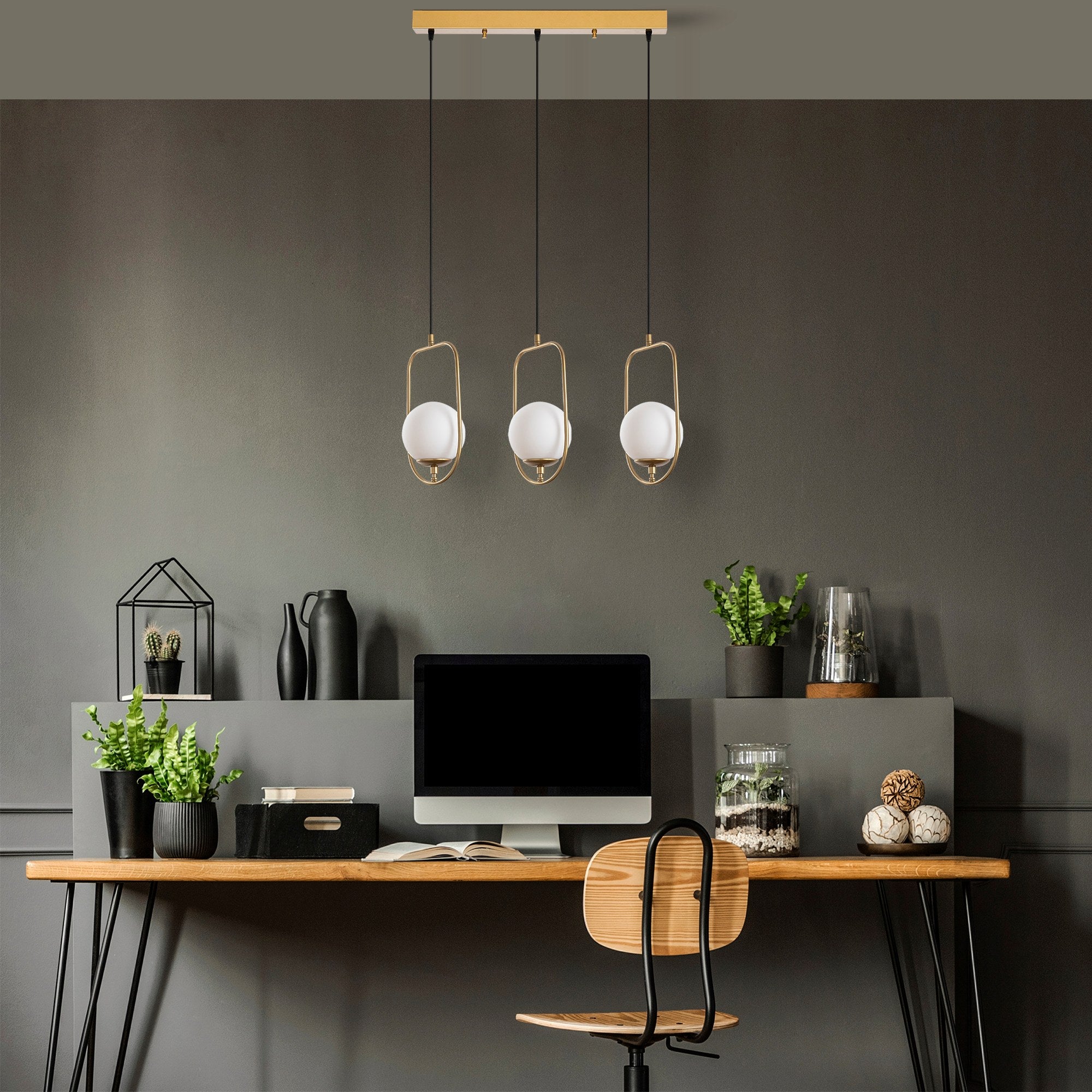 Candeeiro de Teto Dourado Elegante, Corpo em Metal, 80 cm de Largura, Altura Ajustável (40-185 cm), 3 Soquetes E14, IP20 | Perfeito para Salas de Estar e Jantar Modernas