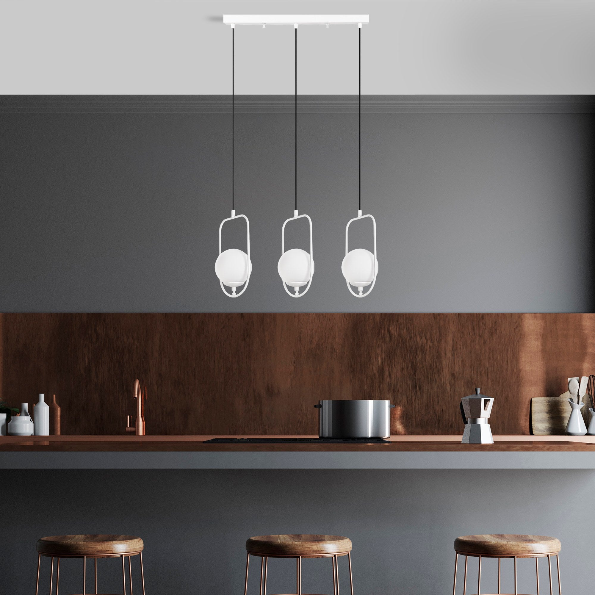 Candeeiro de Teto branco elegante, corpo de metal, 80 cm de largura, altura ajustável (40-185 cm), 3 soquetes E14, IP20, perfeito para decoração e iluminação de casa moderna