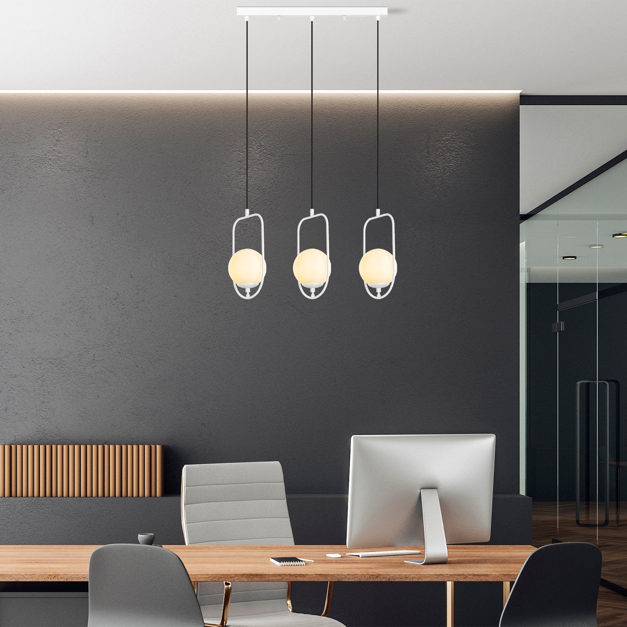 Candeeiro de Teto branco elegante, corpo de metal, 80 cm de largura, altura ajustável (40-185 cm), 3 soquetes E14, IP20, perfeito para decoração e iluminação de casa moderna
