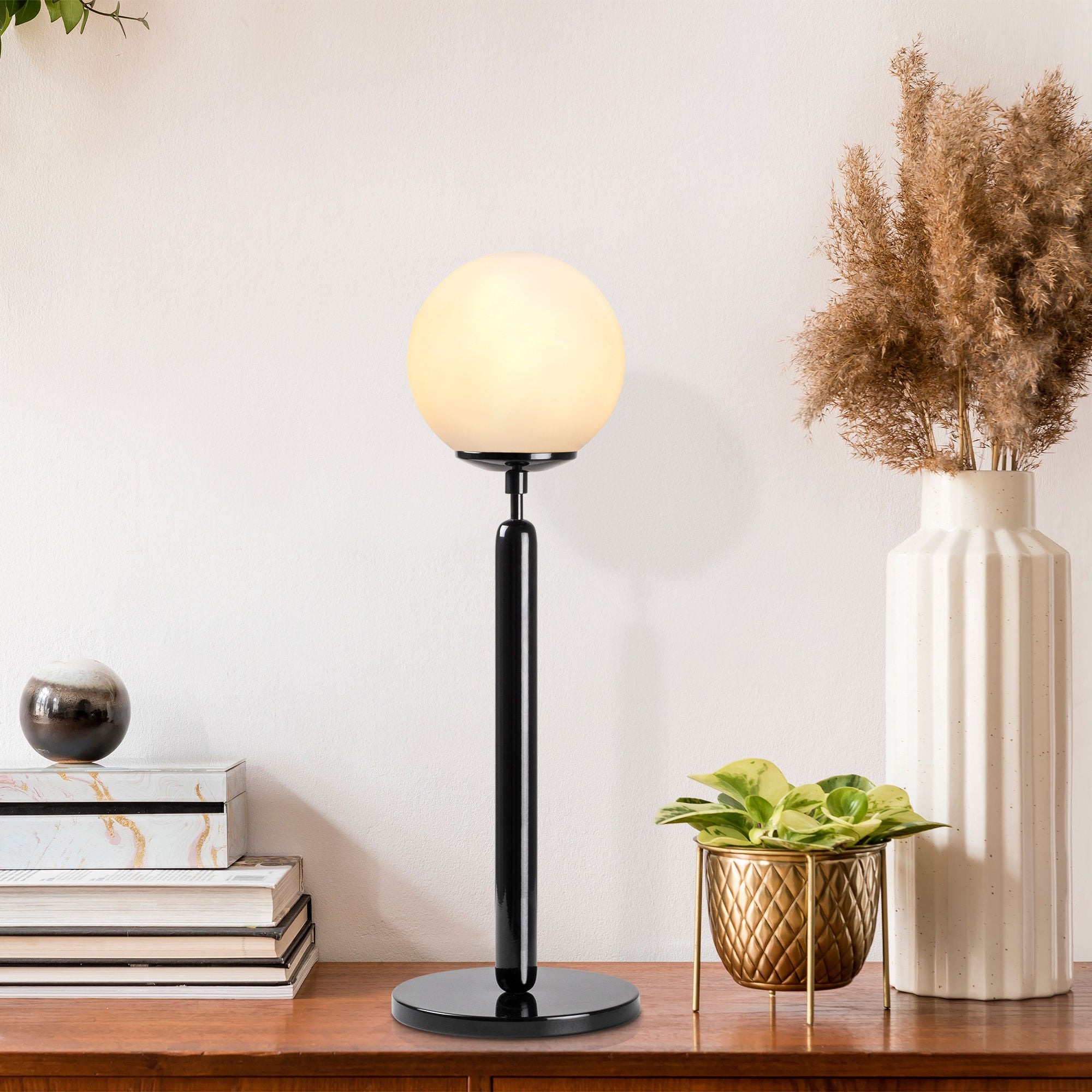 Candeeiro de Mesa moderna com corpo de metal e tampa de vidro, preta e creme, 18 x 18 x 52 cm | Soquete E14, 40 W máx., cabo de 200 cm | Design industrial e escandinavo elegante