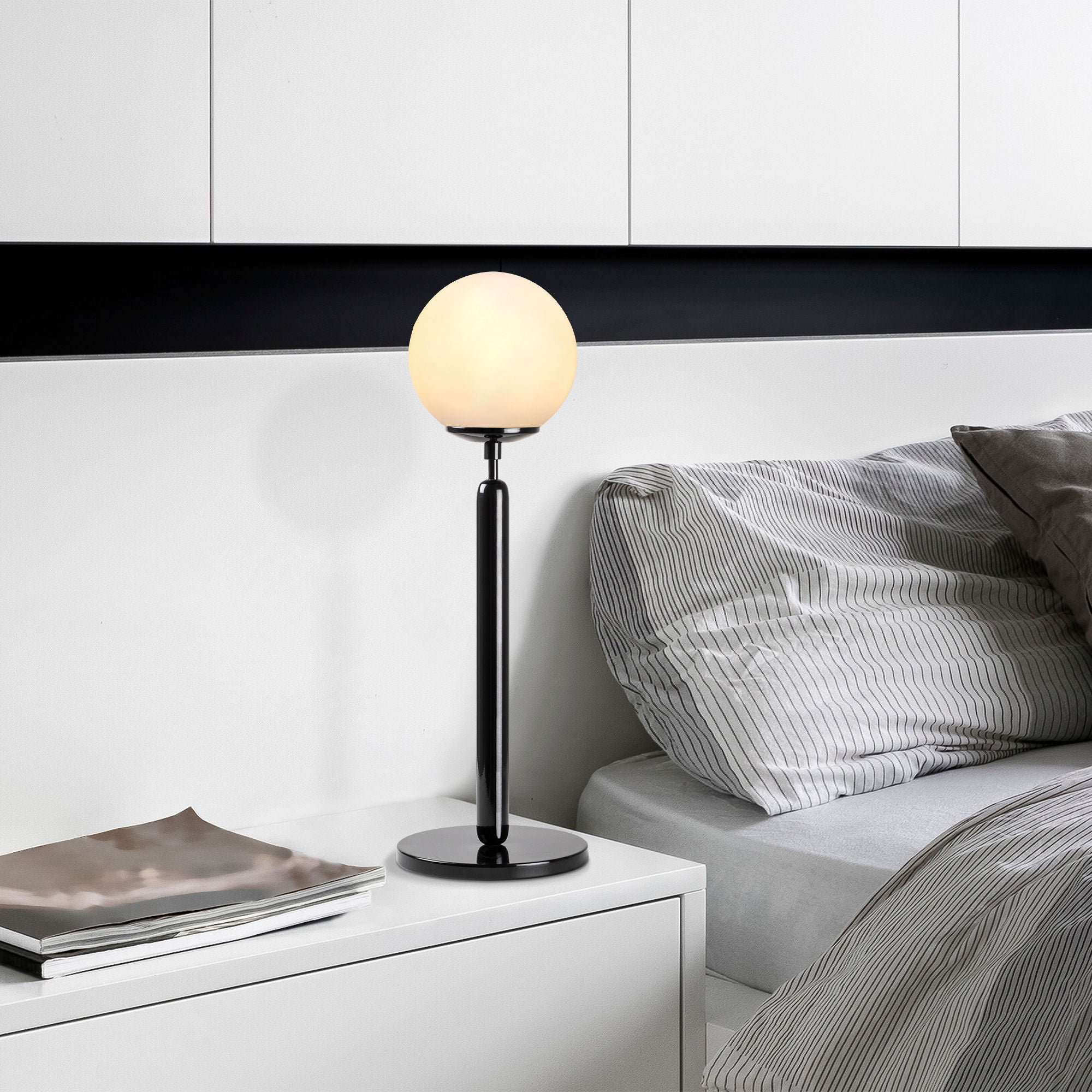 Candeeiro de Mesa moderna com corpo de metal e tampa de vidro, preta e creme, 18 x 18 x 52 cm | Soquete E14, 40 W máx., cabo de 200 cm | Design industrial e escandinavo elegante