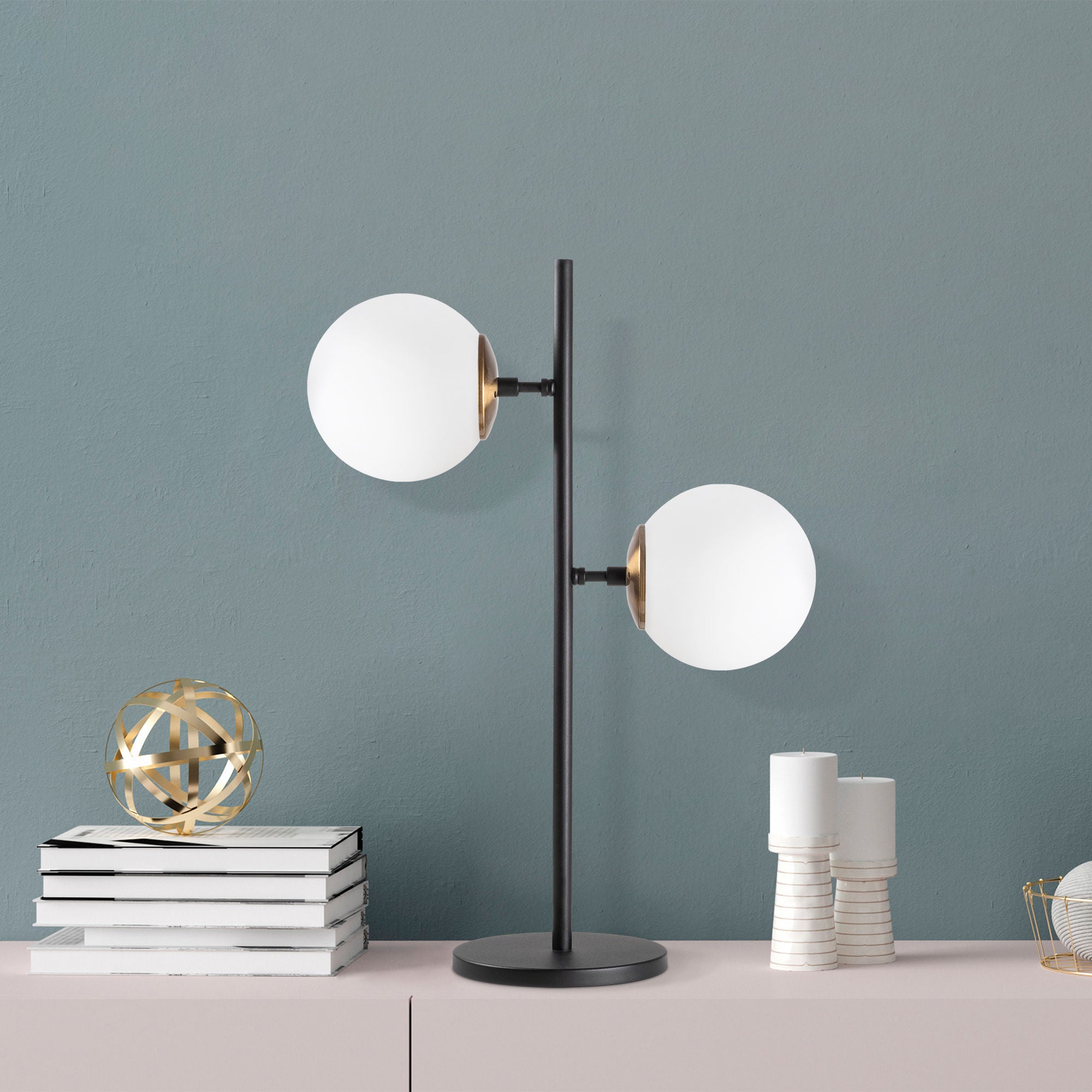 Candeeiro de Mesa moderna com corpo de metal e tampa de vidro, 40 x 17 x 57 cm, preta/dourada/branca | 2 soquetes E14, cabo de 200 cm, design industrial elegante para casa e escritório